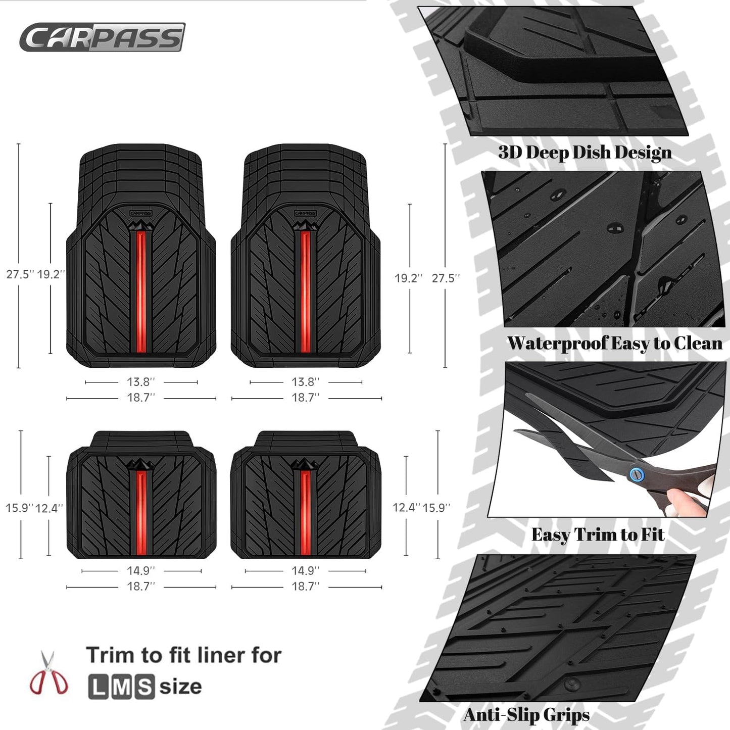 CAR PASS Metal Medium Rubber Floor Mats for Car Heavy Duty Car Mats All Weather, Universal Trim to Fit for Truck SUV Vehicle Automotive Floor Mats, Waterproof Car Mats 4 Piece Black and Red