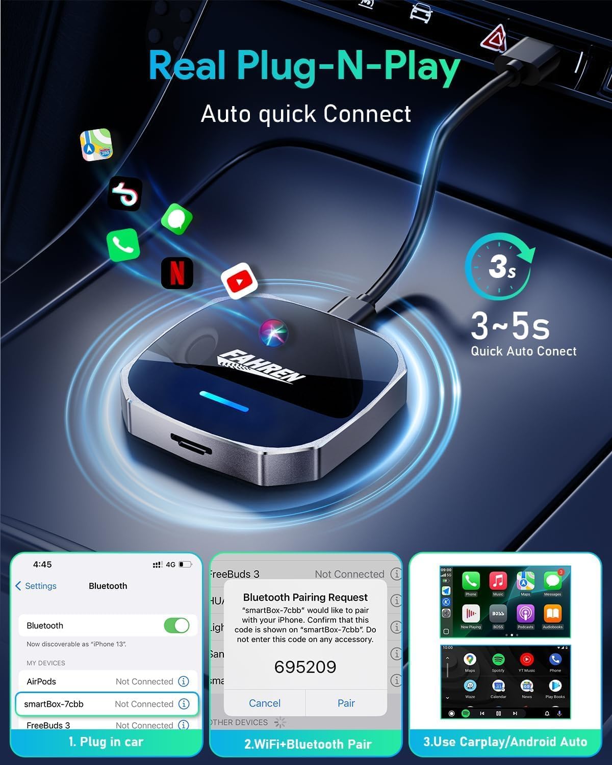 FAHREN 3rd-Gen Wireless CarPlay Adapter for iPhone& Android Auto, Support Netflix/YouTube, Mini Android Auto Wireless Adapter, Plug & Play,Only Fit with The 2018+ Cars with OEM Wired CarPlay