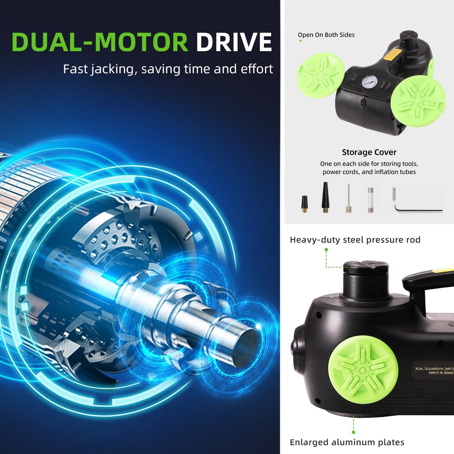 EFFIROSO Electric Car Jack Kit 5 Ton 12V Hydraulic Floor Jack with Impact Wrench Tire Inflator Pump for Vehicle Emergency Repair Kit 11023lbs (Black and Green)