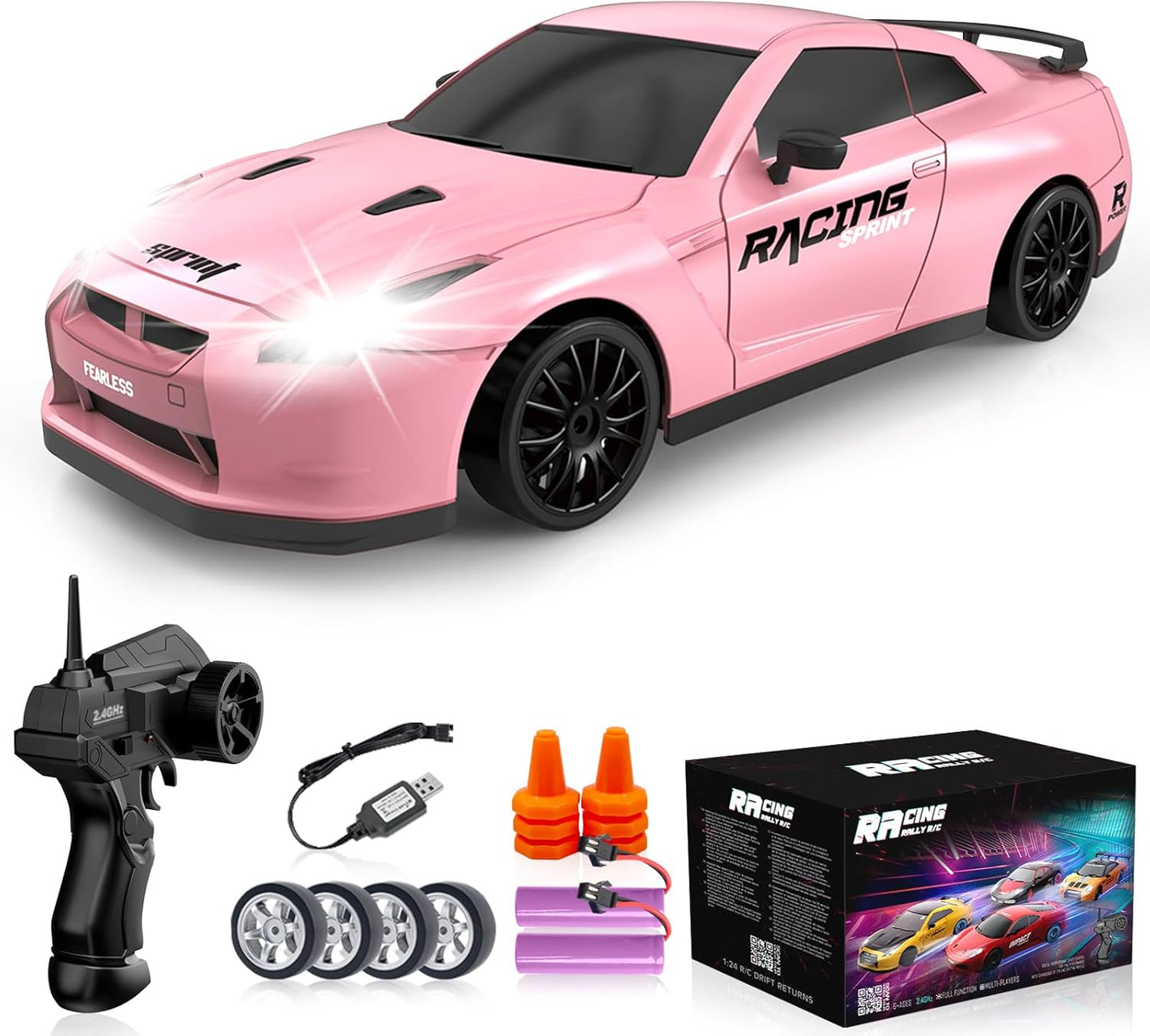 RC Drift Car, 1/24 Pink Remote Control Car for Girls, 2.4GHz 4WD High Speed Drifting RC Cars with LED Light, Two Batteries and Drift Tires, Racing Toy Cars for Kids Adults Girl Boys, Pink