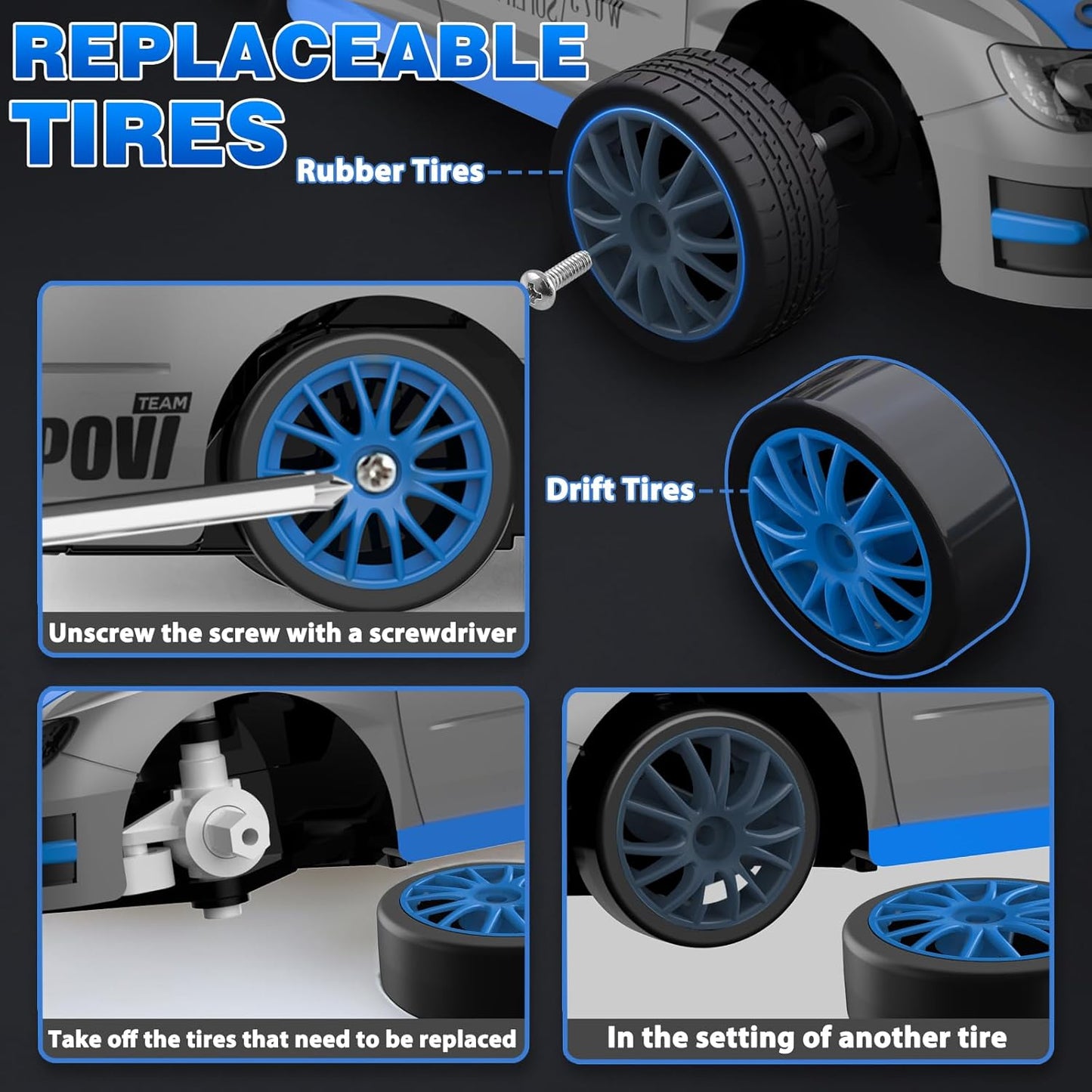 RC Drift Car, 1/24 2.4GHz 4WD Remote Control Car High Speed Drift RC Cars with LED Lights, 2 Rechargeable Battery and Drifting Tires Racing Toy Cars for Kids Boys Girls Adults(Grey)