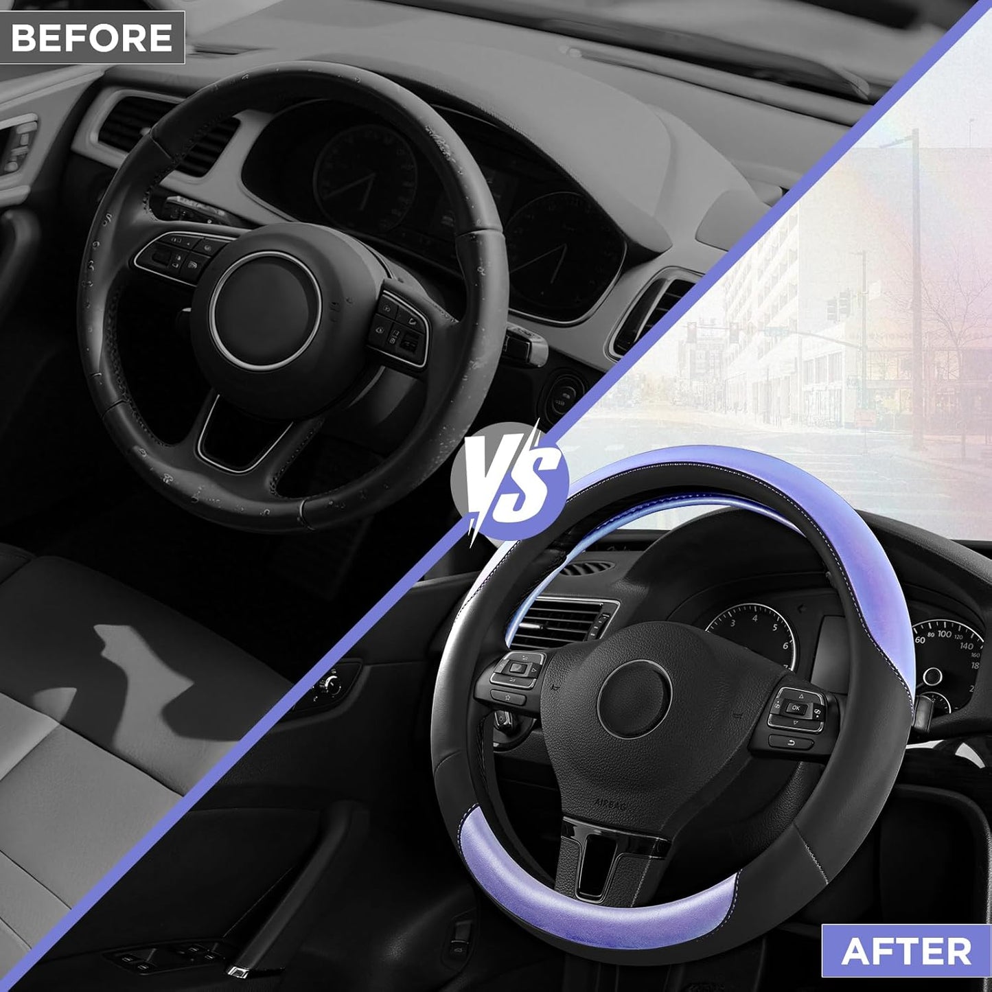 Road Comforts Steering Wheel Cover – Breathable Leather Steering Wheel Cover, Anti-Slip Grip, Universal Fit 14.5” to 15”, Heat & Cold Resistant for Cars, SUVs, and Trucks – Black & Purple