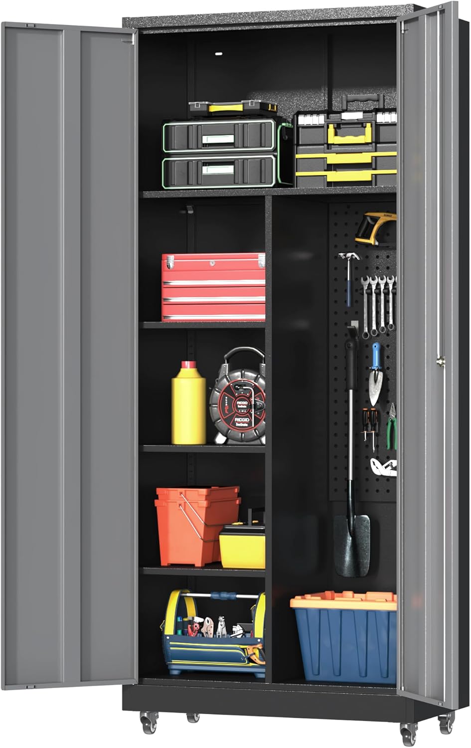 Metal Garage Storage Cabinet with 2 Doors, Adjustable Rolling Tool Storage Cabinet with Lock, 71" Steel Locking Tool Cabinet with Wheels and Shelves for Garage, Warehouse(Black&Gray, 71" H)