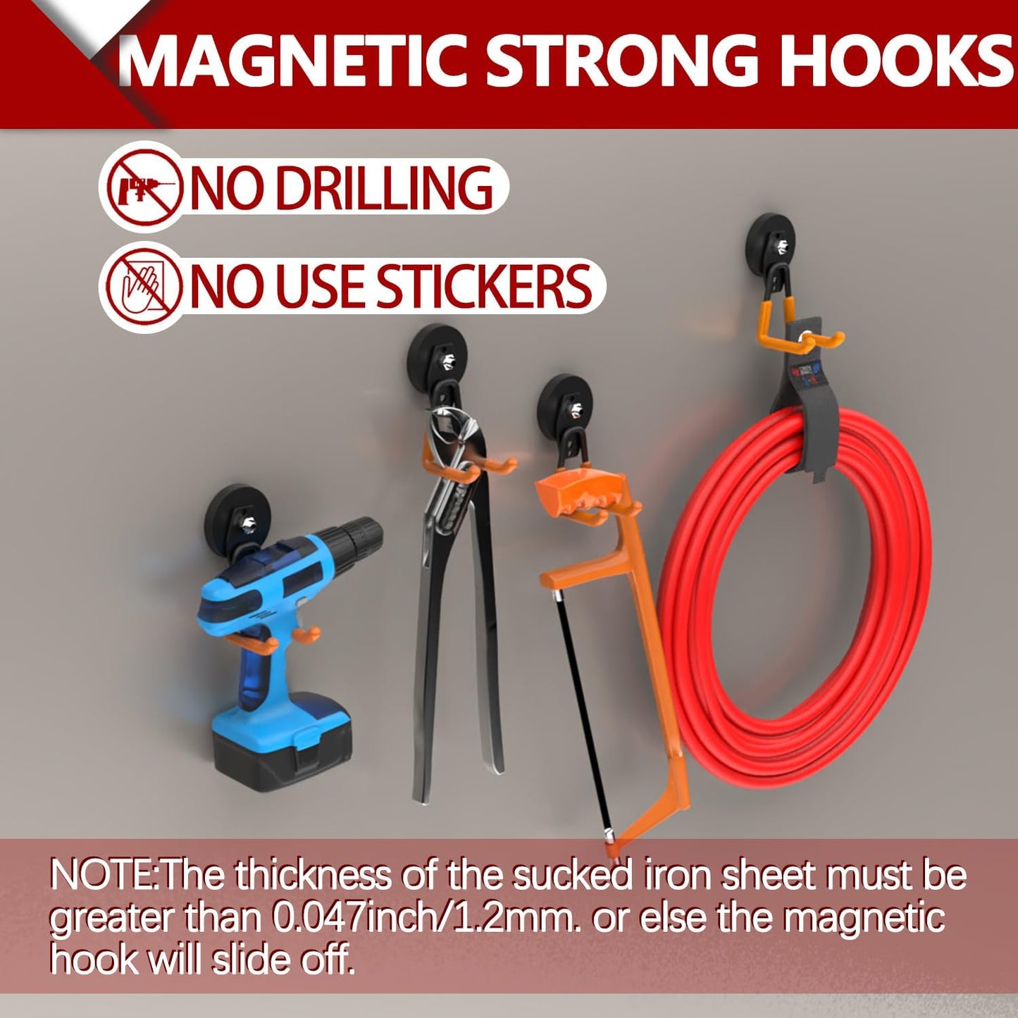 3-H Heavy Duty Magnet Garage Hooks 2 Pack, Large Strong Magnetic Hooks for Hanging Cordless Power Drill, Utility Magnetic Tool Holder for Metal Cabinet, Steel Pegboard, Toolbox, Garage(Orange)