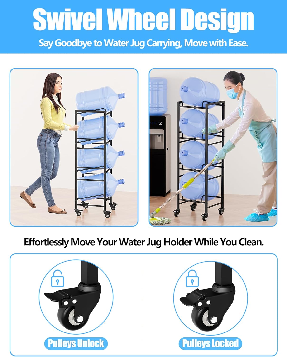 4 Tier 5 Gallon Water Rack with 4 Lockable Wheels - Water Bottle Jugs Holder Organizer with Movable Casters, Heavy Duty Water Storage Rack Dispenser Stand for Kitchen Office Garage/Black