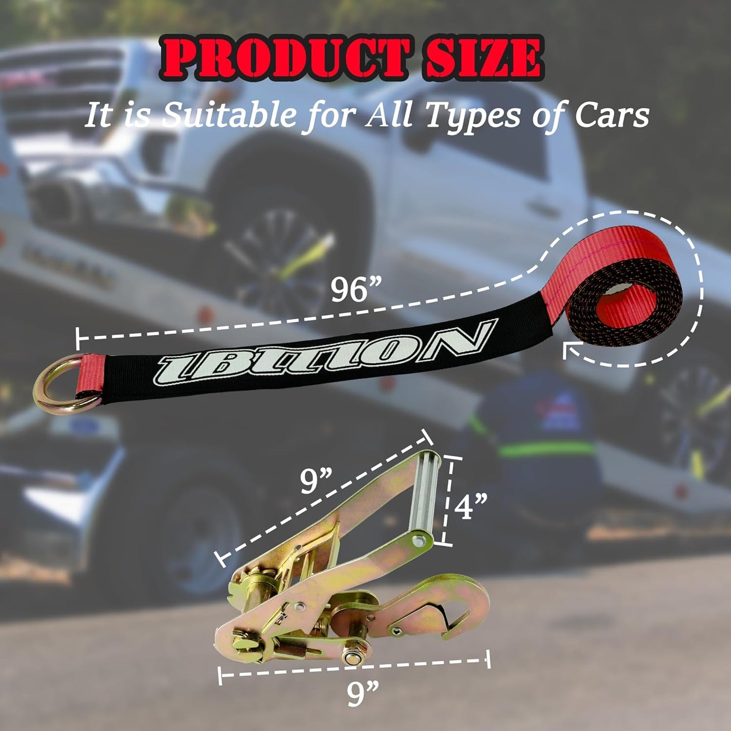 4 Pack Car Tie Down Straps for Trailers - 2" x 96" - 3,300 lbs Safe Working Load -Adjustable Wheel Straps for Hauling Cars.