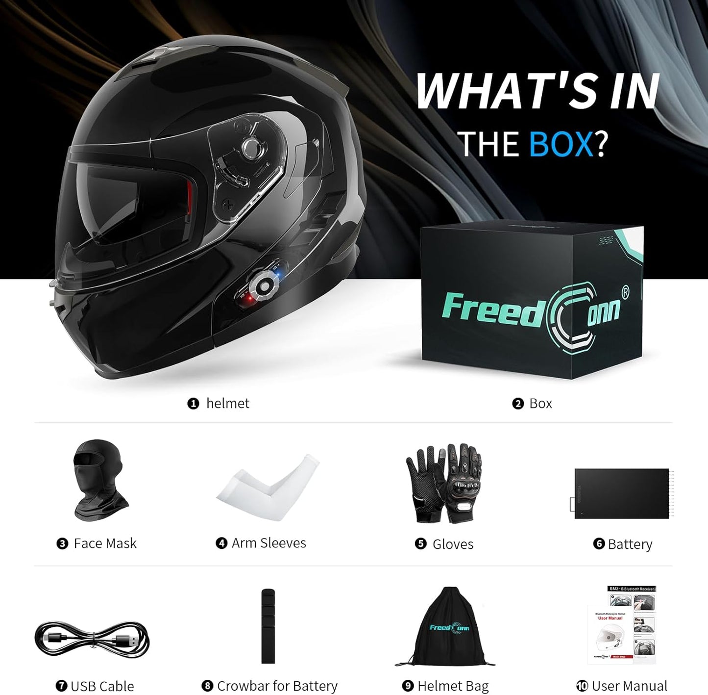 Motorcycle Helmet Bluetooth 5.0 Integrated New EPS FreedConn BM2-S Modular Flip Up Dual Visor Motorbike Helmet DOT FMVSS-218 Approved MP3 FM for Adults Men Women(Large, Glossy Black)