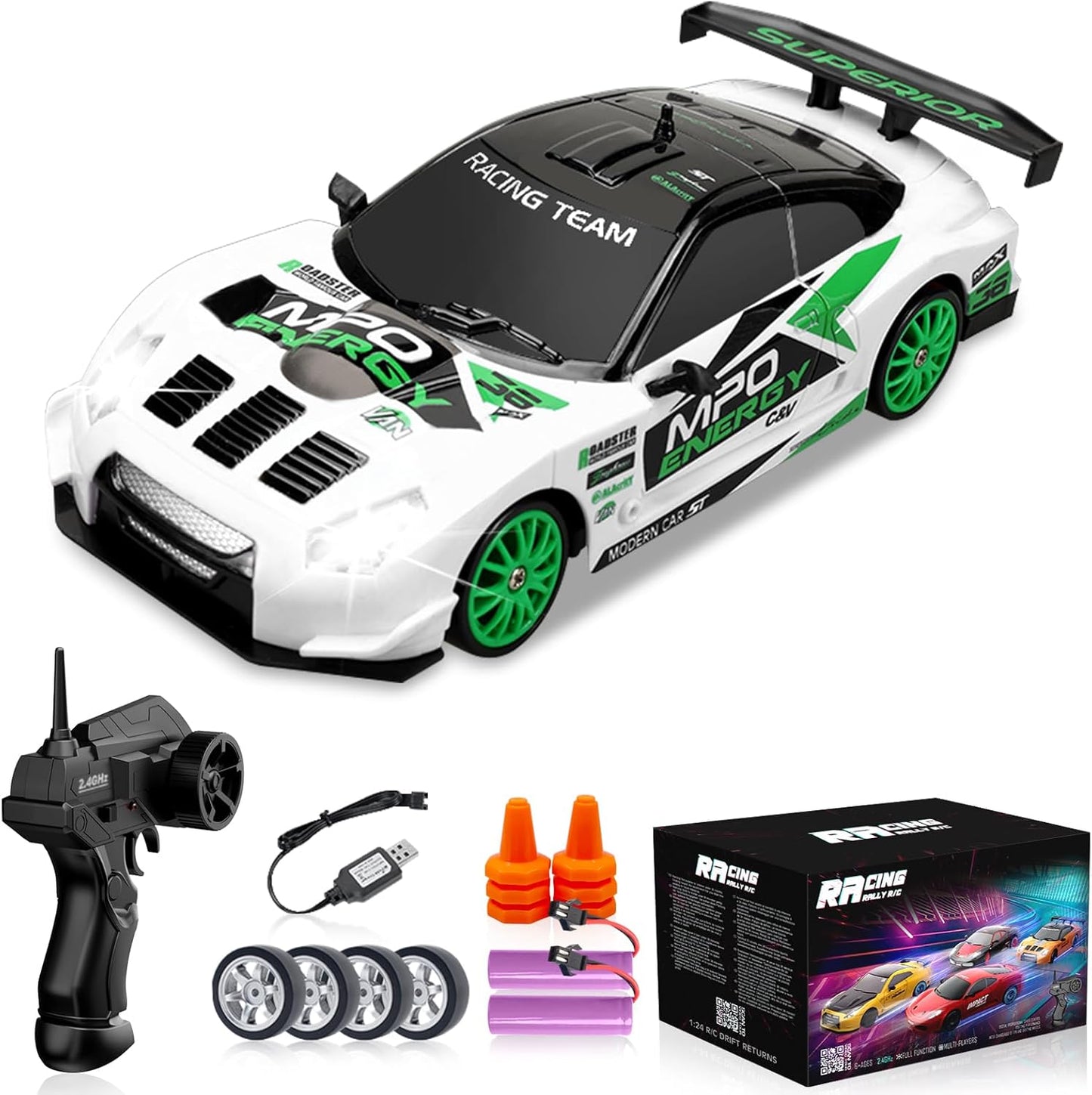 Remote Control Car 2.4GHz 1:24 Scale 4WD RC Drift Car 15KM/H High Speed Drifting RC Cars with Cool Lights, Two Batteries and Extra Tires Toys for Kids Boys Girls Adults, Green