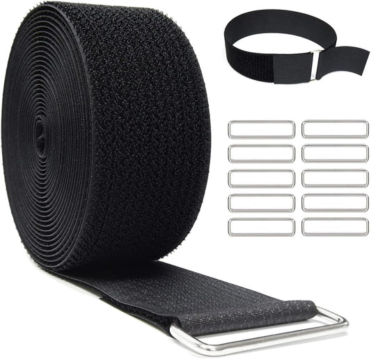 2"x16ft Reusable Cinch Strap with 10 Metal Buckles, Cut-to-Length Fastening Securing Straps, Adjustable Nylon Cable Straps and Cord Ties for Organizer or Storage, 2 inch Wide, Black