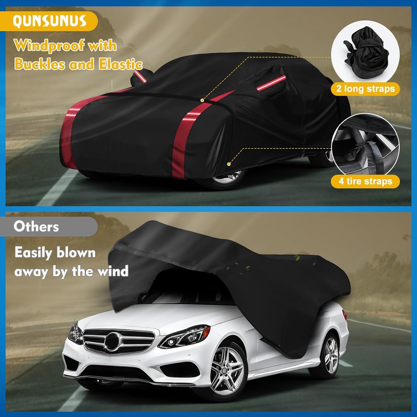 QUNSUNUS 6 Layer Car Cover for Mercedes Benz E-Class Sedan 2006-2024 Waterproof All Weather 210D Windproof for Mercedes Benz E 350 Car Cover Hail Protection with Zipper