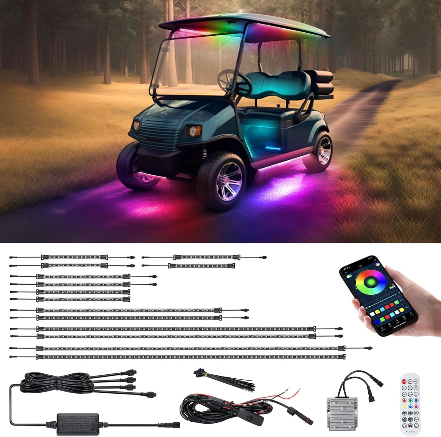 Roykaw Golf Cart Underglow LED Strip Lights Accent Neon Lighting Kit w/Canopy, Wheel Well & Interior Lights for EZGO Yamaha Club Car, Million Colors/Waterproof IP68/Sync to Music, Fits 12V-80V, 14PCS