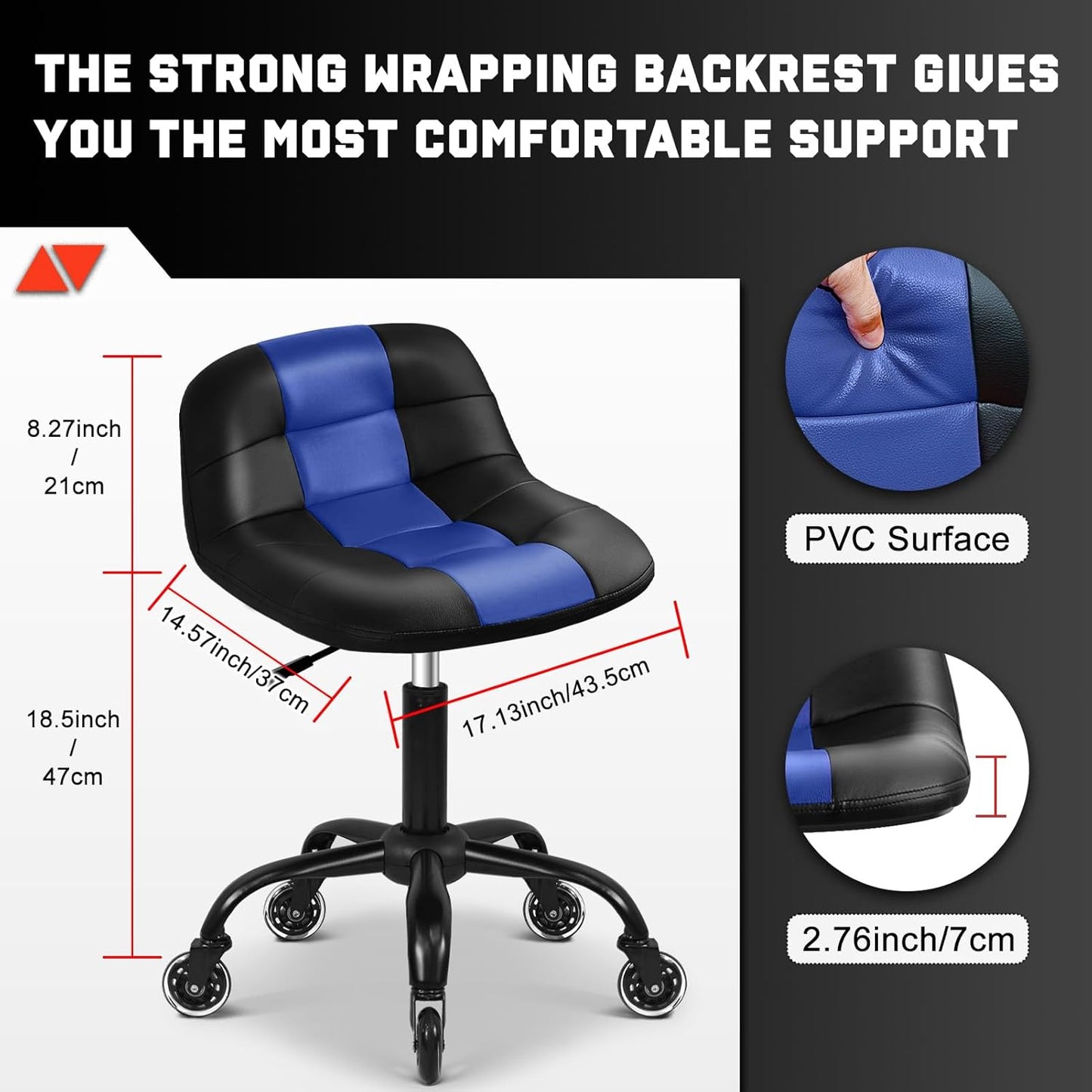 Rolling Stool with Wheels, Garage Shop Stool with Backrest, Roller Seat with Pneumatic Adjustable Height 16.93"-19.69", Heavy Duty Multi-Purpose Chair for Shop Salon Office Home, Blue