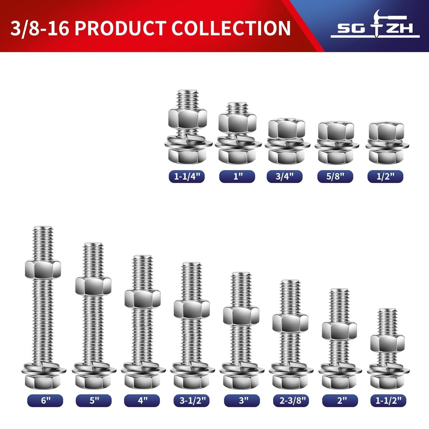 3/8-16 x 5" Hex Head Screw Bolt, Nuts, Flat & Lock Washers, 10Pcs 18-8 (304) Stainless Steel, Fully Threaded, by SG TZH