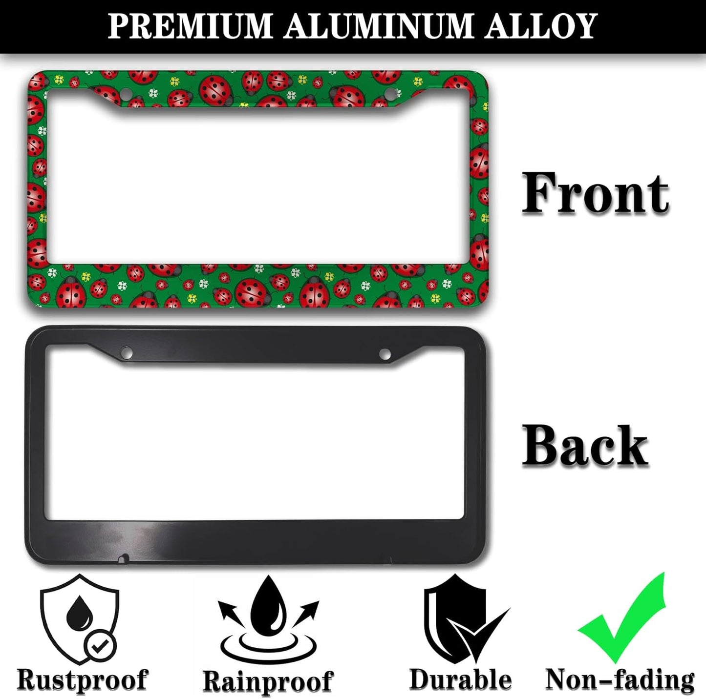 License Plate Frame Red Green License Plate Protector Cute Ladybug and Flowers Universal Aluminum Car Accessory 2 Pack with Screw Covers Set