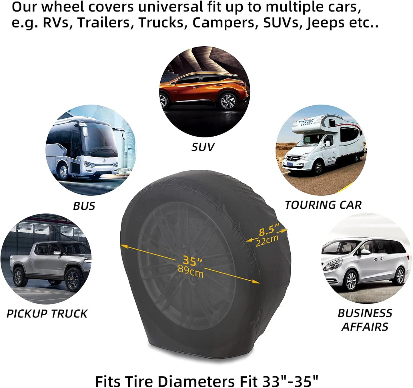 RV Tire Covers 4 Pack, Waterproof Thickening Leather Tire Cover for RV Wheel Trailer Camper, Universal Fits Tire Diameters 33-35 inches, Black