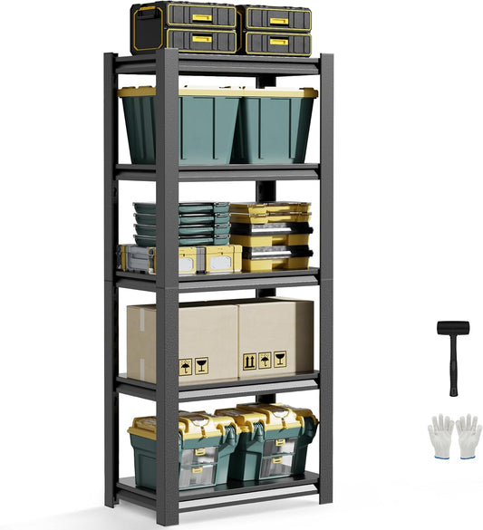 JHYKHG 63" H Storage Shelves,5-Tier Heavy Duty Garage Shelving,Adjustable Shelving Unit,Metal Shelf,Boltless Assembly Rack for Warehouse,Shed,2,500 lb Load,16 x 24 x 63 Inches,Black
