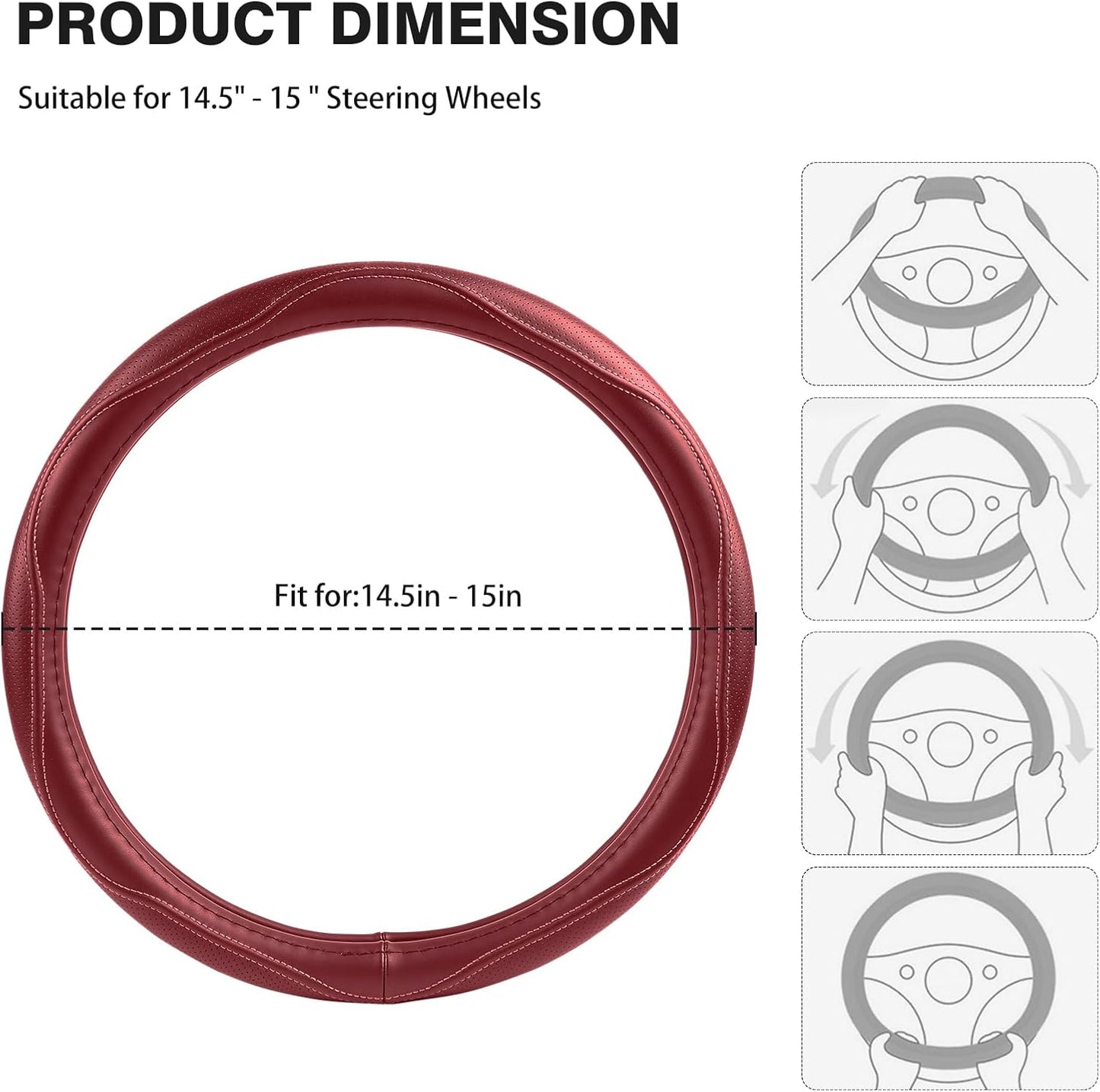 High-Grade Wine Red Genuine Leather Steering Wheel Cover for Men Women，Real Cowhide Leather Steering Wheel Cover for Cars,Universal 14.5-15 inch Steering Wheels