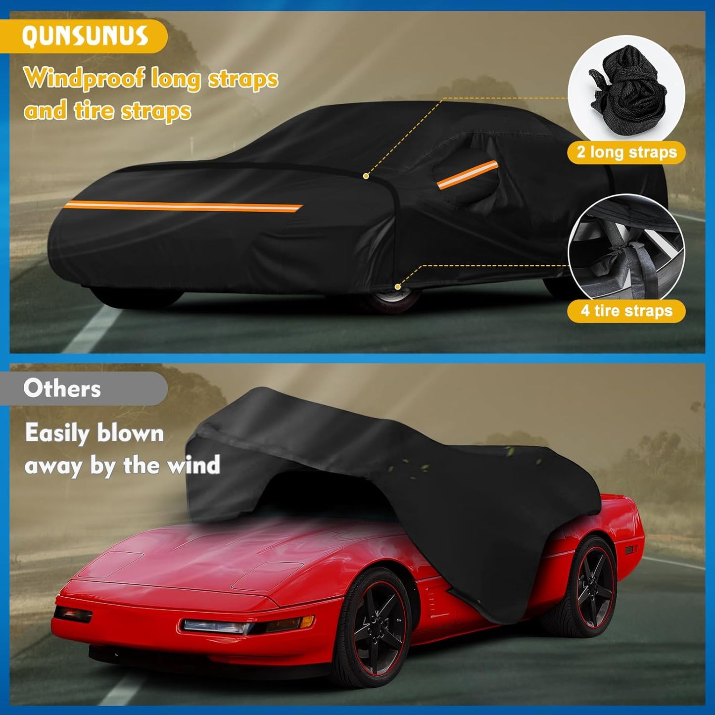 QUNSUNUS Waterproof Car Cover for C4 Corvette 1984-1996, Outdoor Car Covers with Zipper, All Weather Full Exterior Cover with Straps and Elastic Edges for Wind, Sun, UV and Dust Protection