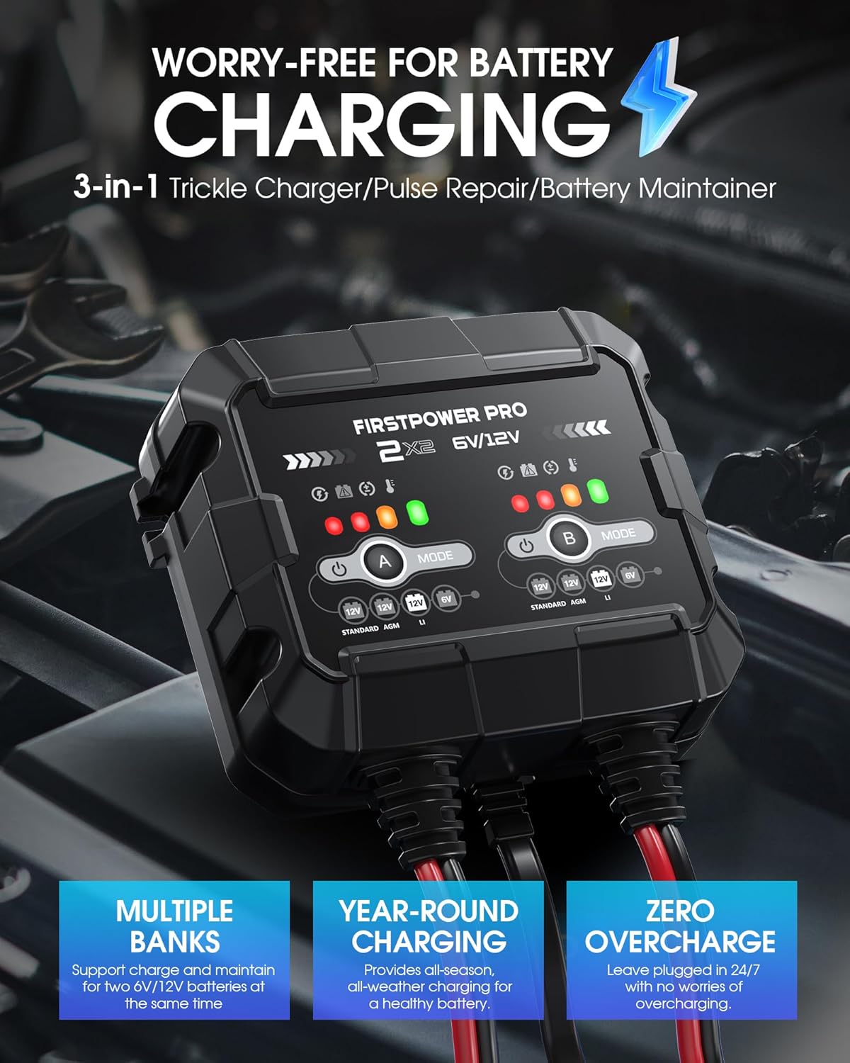 2-Bank, 4A (2A/Bank) Trickle Charger for Car Battery, 12V 6V Car Battery Charger, Automotive Battery Trickle Charger, Battery Maintainer, for Car Motorcycle Lawn Mower AGM, Lithium Batteries