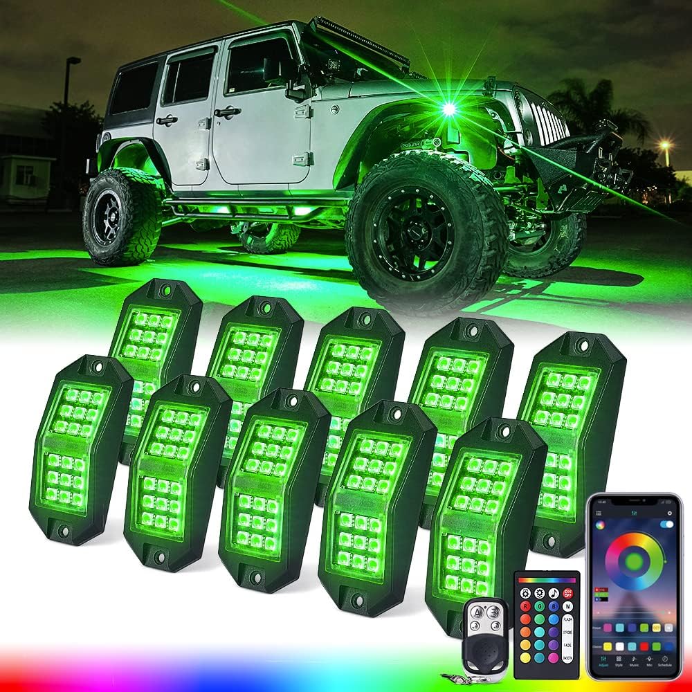 Xprite Jeep Rock Lights 10 Pods Wide Angle Bluetooth RGB LED Rocklights Kit, Multicolor Neon Lighting Footwell Underglow Kits w/Wireless Remote, Compatible Off-Road Trucks Cars UTV ATV SUV RZR
