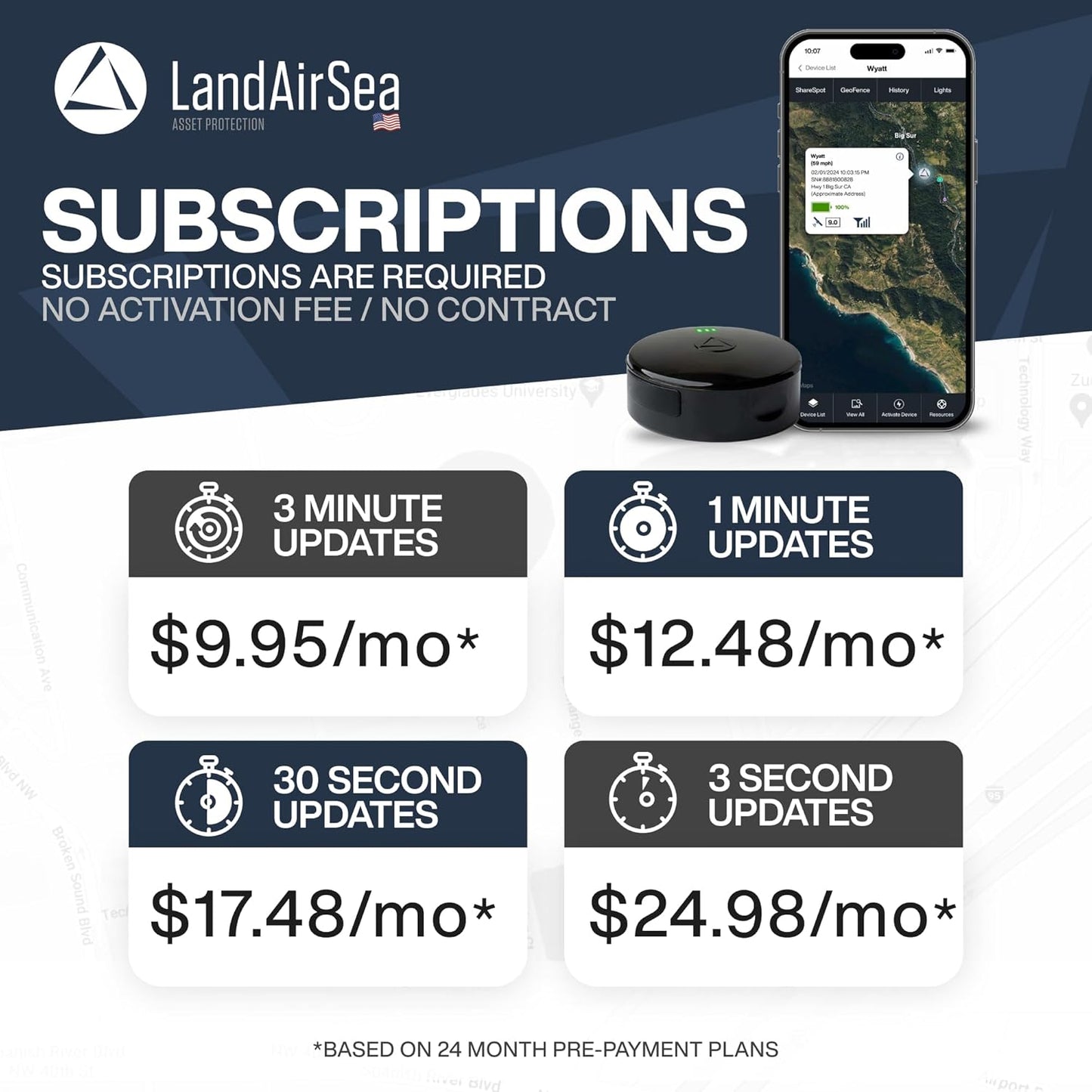 LandAirSea 54 GPS Tracker - Made in the USA from Domestic & Imported Parts. Long Battery, Magnetic, Waterproof, Global Tracking. Subscription Required