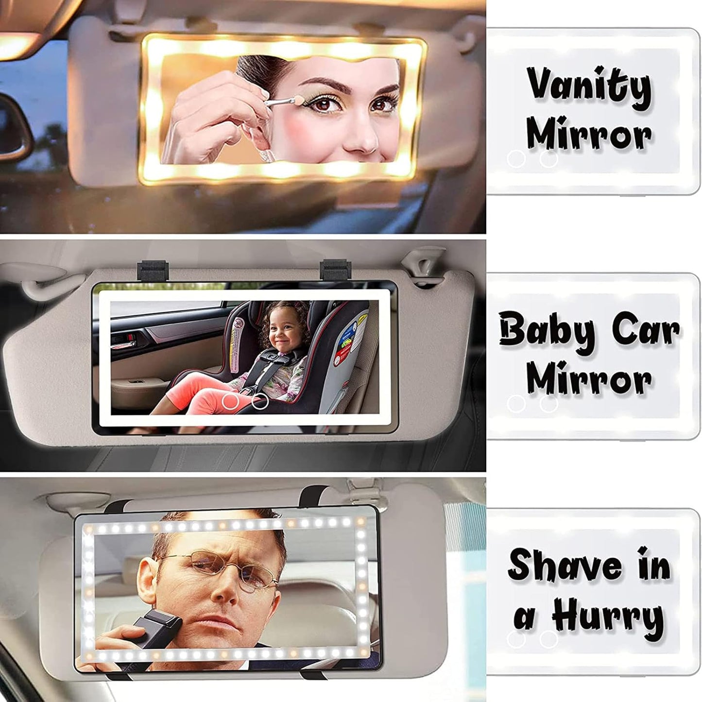 Car Visor Mirror with Rechargeable LED Light - 3 Light Modes & Dimmable Touch Screen - Clip on Big Sun Visor Vanity Mirror for Truck - Passenger Princess Car Accessories for Women Girl- White
