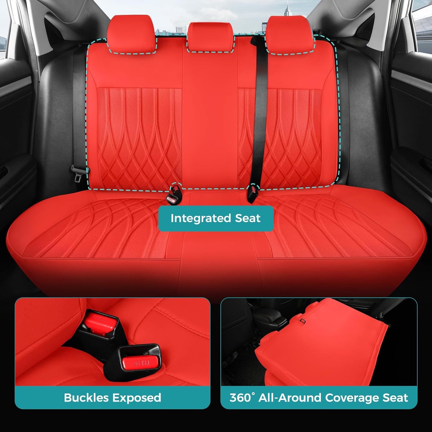 Seat Covers for Honda Civic Sedan LX 2016 2017 2018 2019 2020 2021, Faux Leather Car Seats Cover Full Set (Rear Row Solid & No Folding Backrest)-RED
