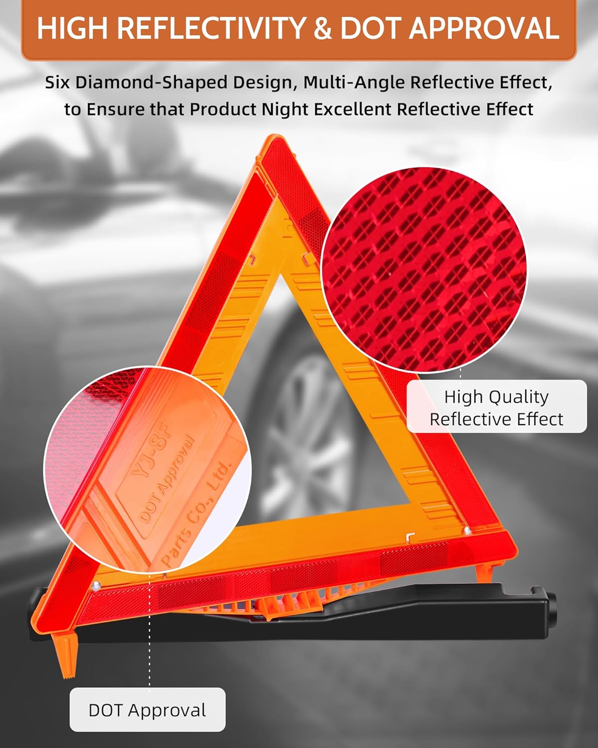 Noone Safety Triangles DOT Approved, 3 Pack Foldable Warning Reflective Triangles, US FMVSS 571 125 with Carrying Case, Heavy Base Emergency Roadside Triangles