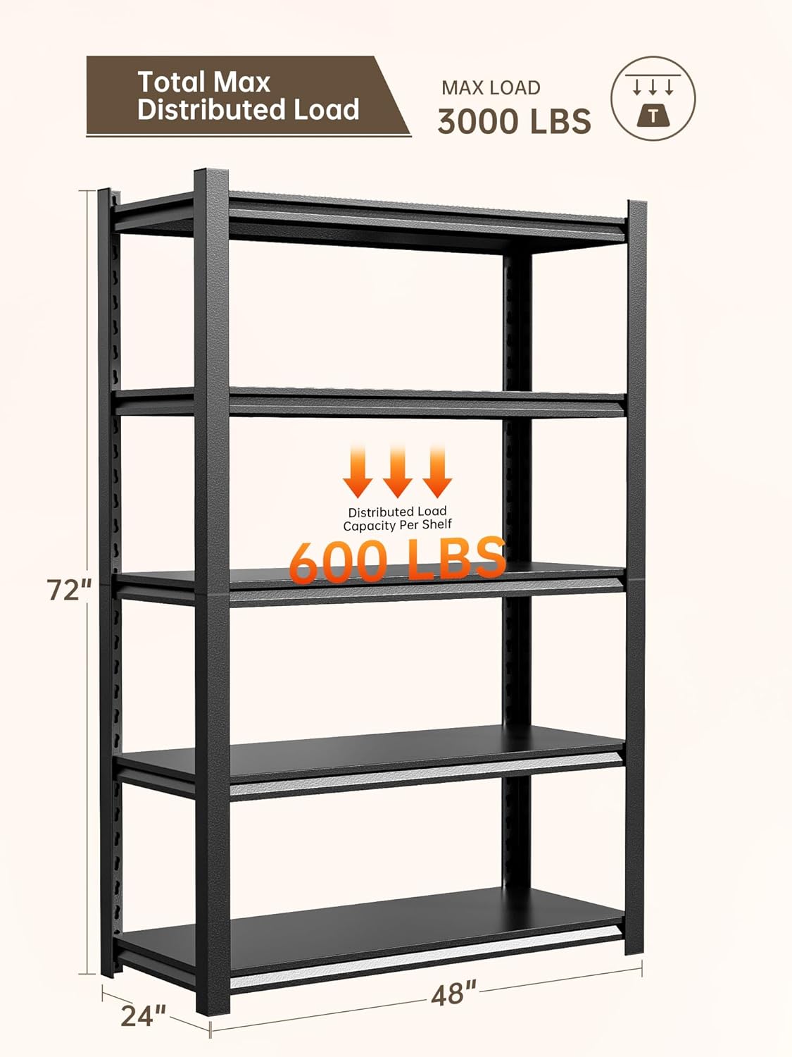 JHYKHG 48" W Storage Shelves,5-Tier Heavy Duty Garage Shelving,Adjustable Shelving Unit,Metal Shelf,Boltless Assembly Rack for Warehouse,Shed,3,000 lb Load,20 x 59 x 72 Inches,Black