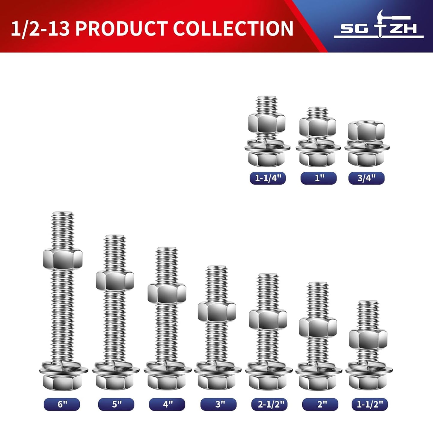 1/2-13 x 3" Hex Head Screw Bolt, Nuts, Flat & Lock Washers, 10Pcs 18-8 (304) Stainless Steel, Fully Threaded, by SG TZH