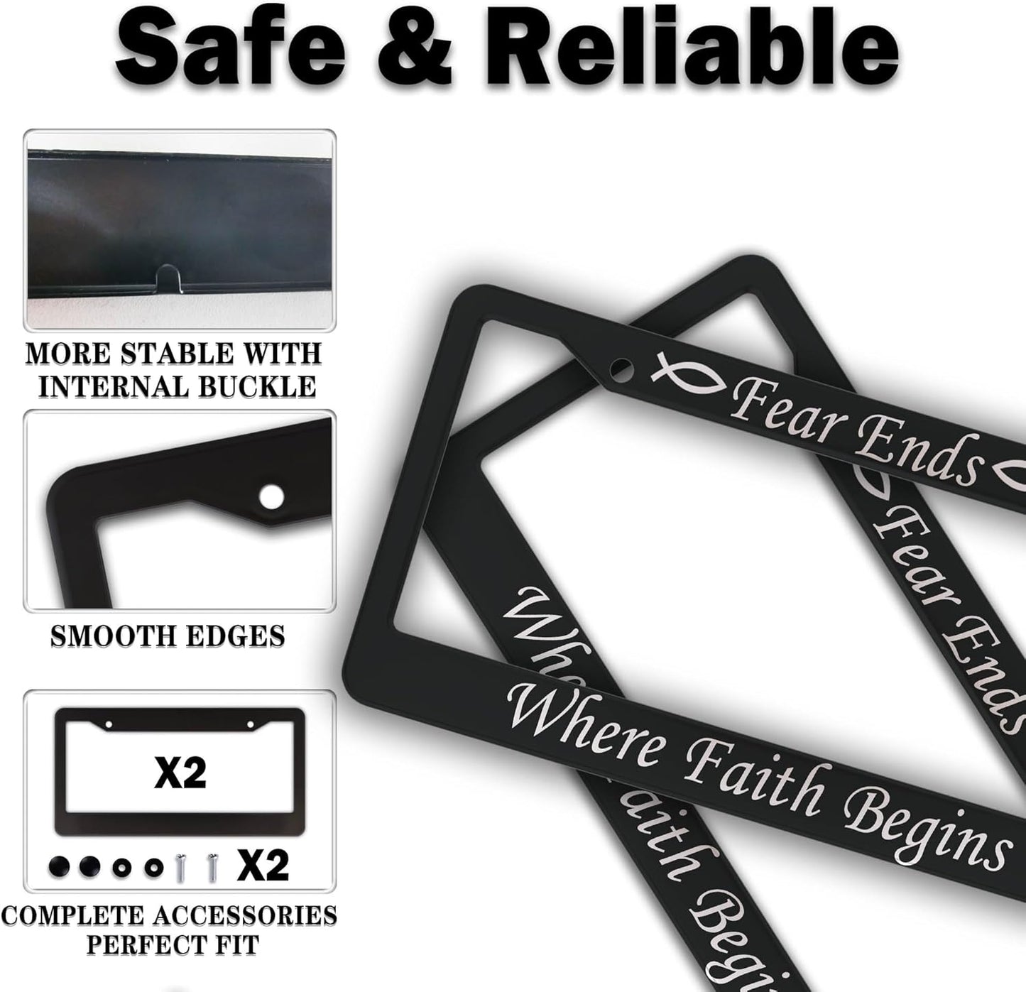 License Plate Frames Black and White Car Plate Frame Fear Ends When Faith Begins Aluminum Metal Car Accessory 2 Pack with Screw Covers Set