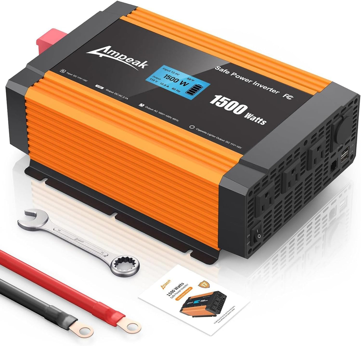 Ampeak 1500W Power Inverter 6.2A Dual USB Ports 3AC Outlets Inverter DC 12V to AC 110V Cigarette Lighter Port 17 Protections for Outdoor Activities, Emergency, RV