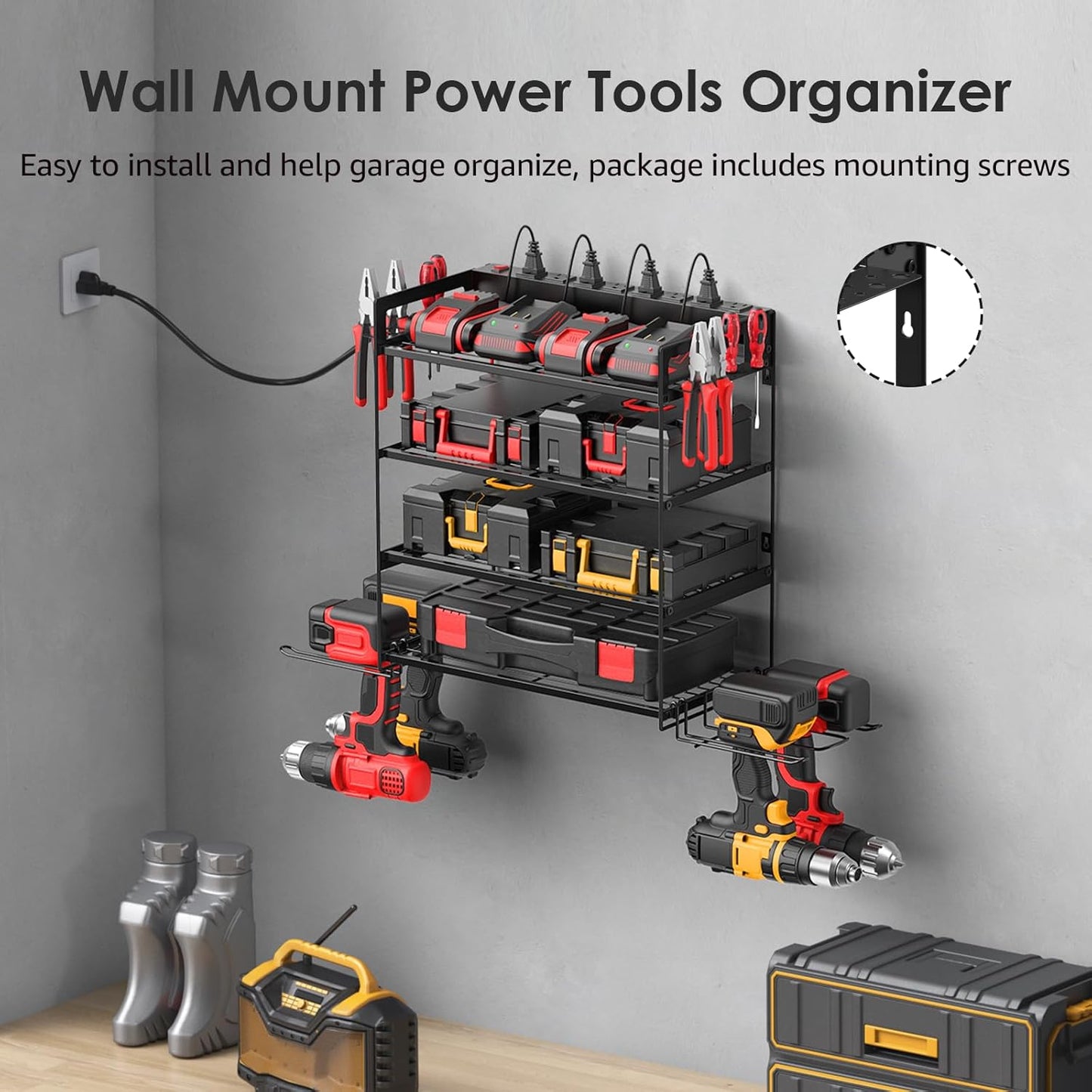 CCCEI Garage Tools Storage with Charging Station. Power Tool Battery Organizer Utility Shelf with Power Strip. 4 Drills Holder Wall Mount Rack, Black 4 Layer.