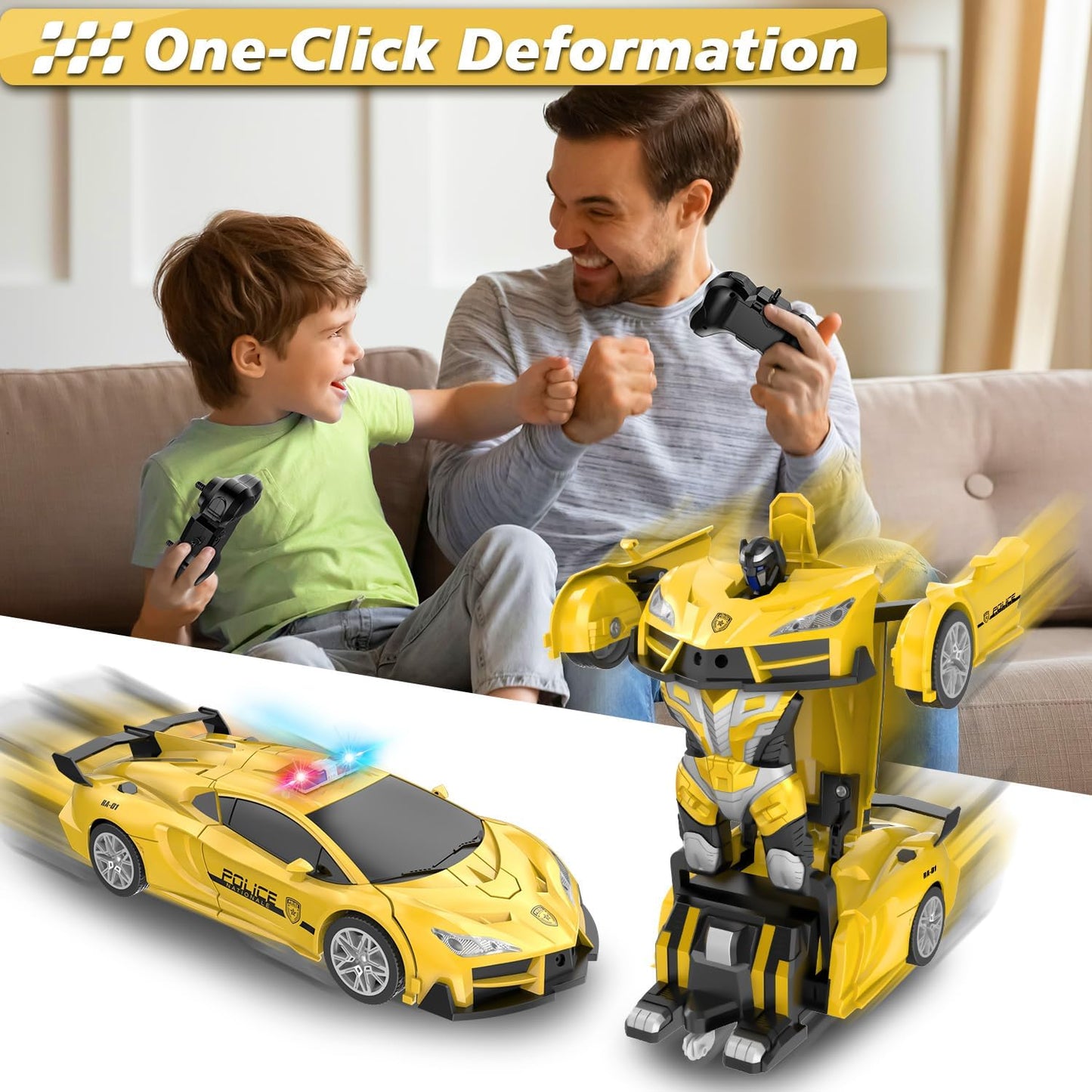 Remote Control Car for Boys 4-7, 2.4GHz RC Car 1:18 Scale, One-Button Transforming Toy with 360° Spins, LED Lights（Yellow）