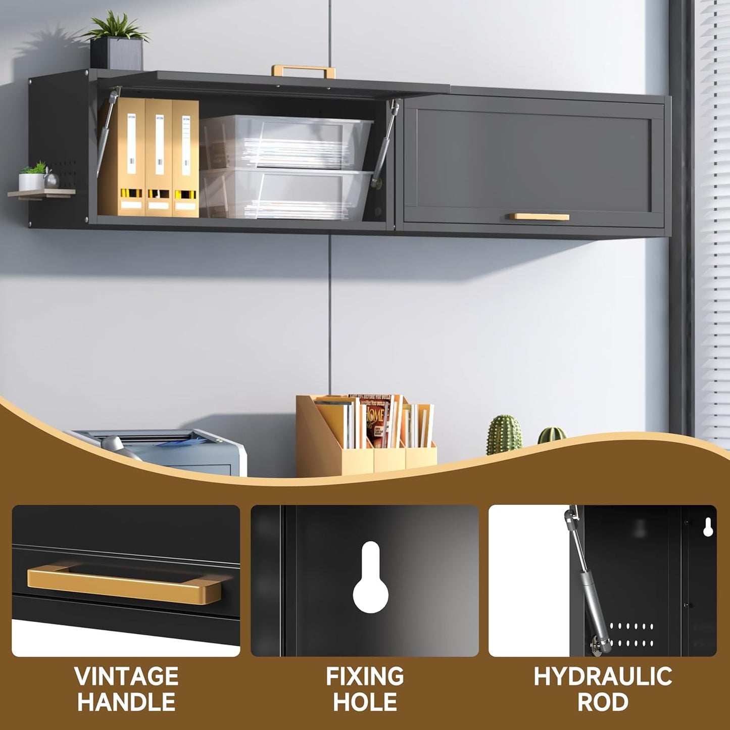 Metal Garage Wall Cabinet, Floating Tool Cabinet for Home, Office, Kitchen, Basement, Warehouse - Black with Up-Flip Door, Wall Mounted, Assembly Required