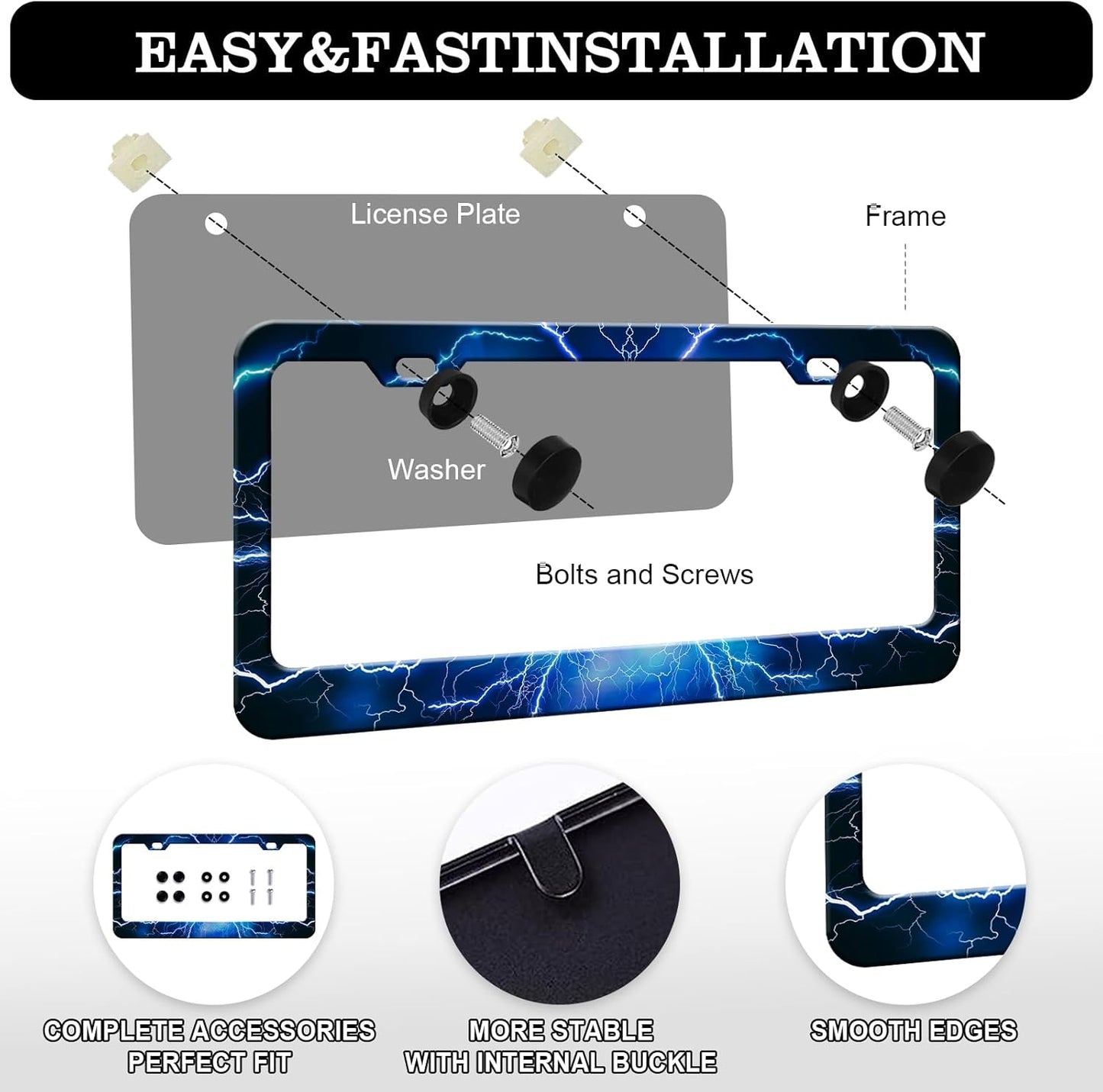 Blue Lightning License Plate Frames - 2 Pack Blue Thunder Stainless Steel License Plate Holder,Rust-Proof Waterproof Car Decorative Tag Frame with Screws Fasteners Caps