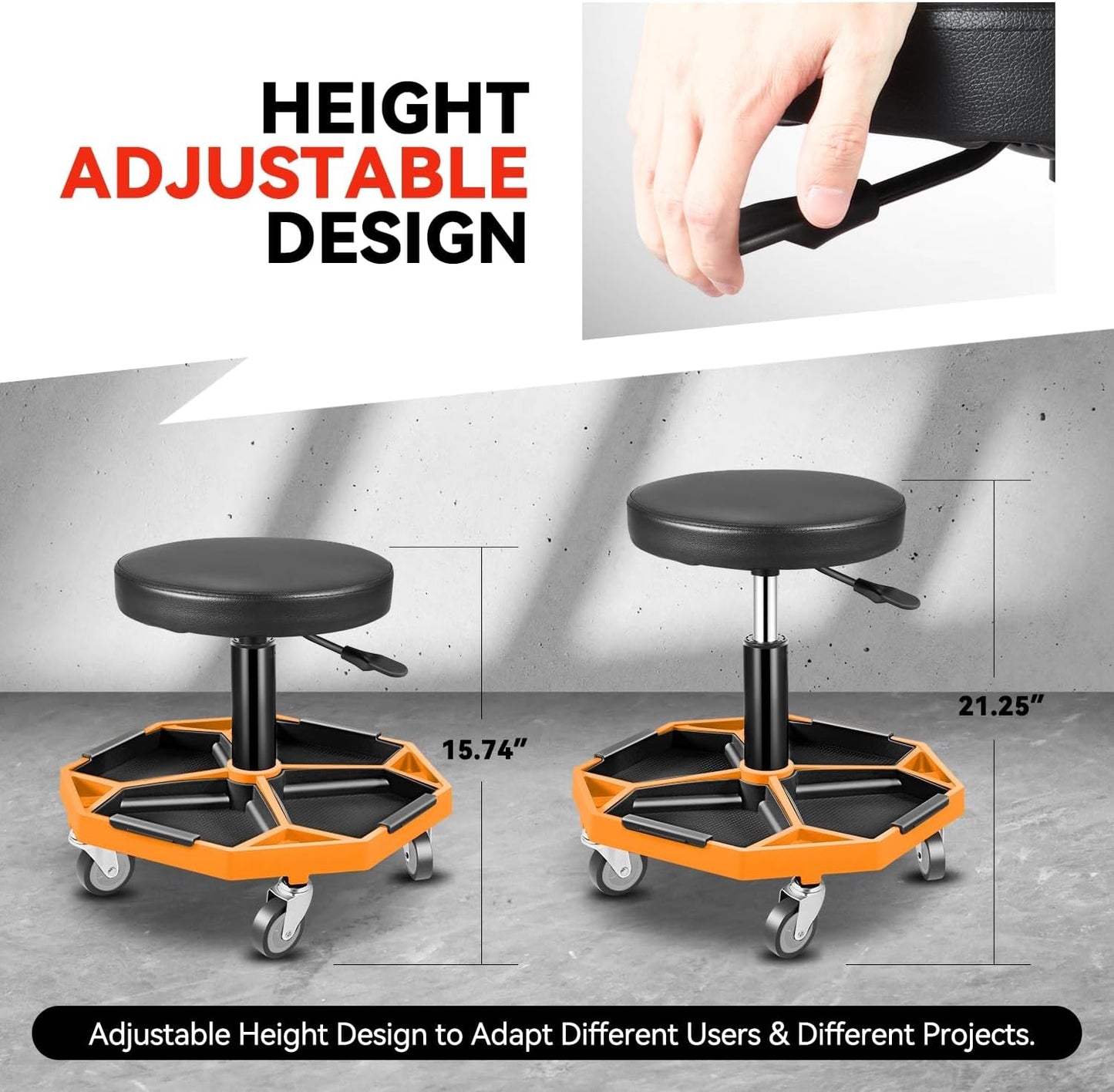 Auto Dynasty Mechanic Stool, Adjustable Rolling Pneumatic Creeper Garage Shop Seat with Tool Tray, 300 LBS Roller Seat for Workshop Auto Repair, Adjustable Height 15.7" to 21", Orange