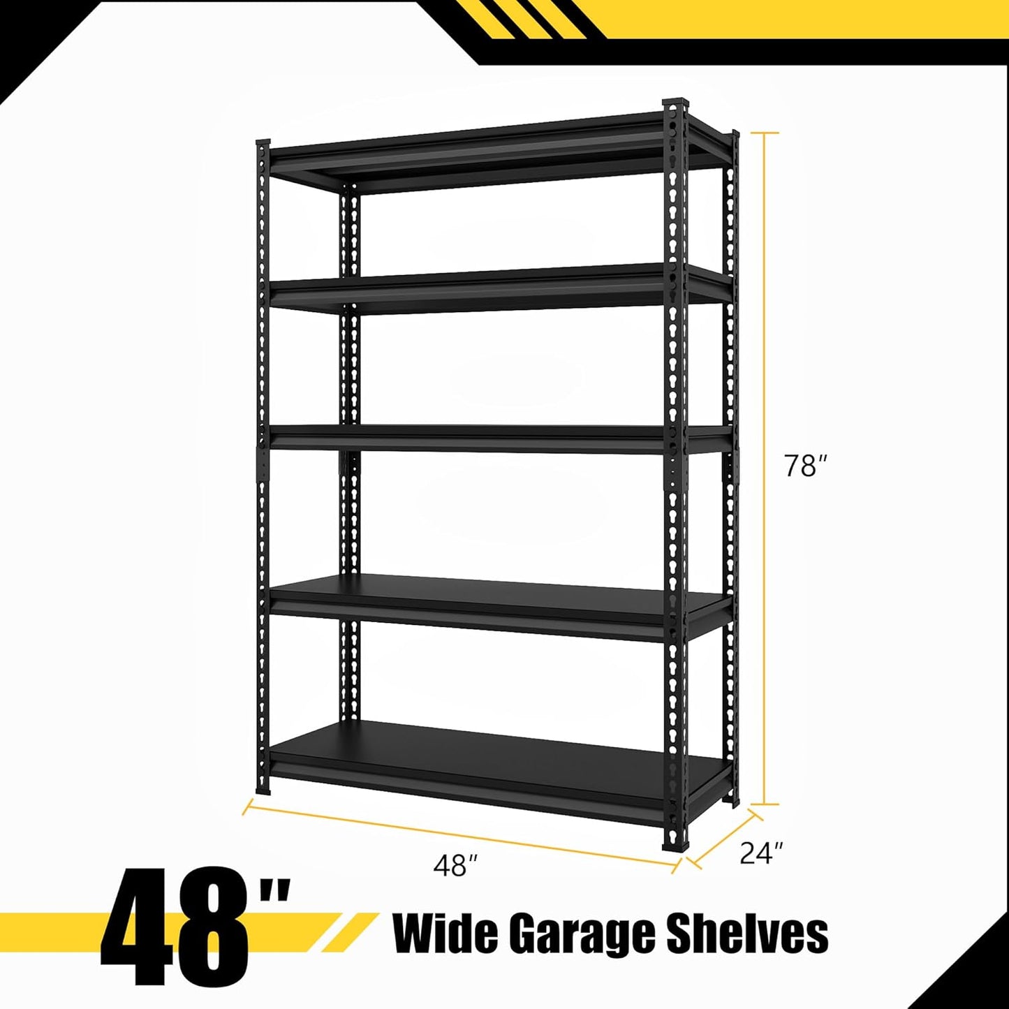 48" W Garage Shelving Heavy Duty，3000LBS Loads Metal Shelving Units and Storage,5-Tier Garage Storage Shelves Heavy Duty, Industrial Utility Shelves,48”W x 24”D x 78”H(Black)