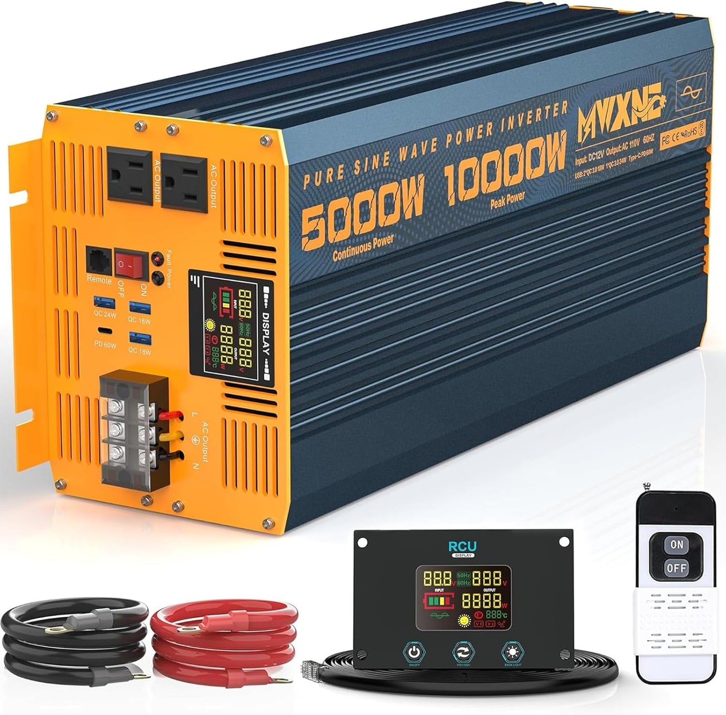 5000 Watt Power Inverter Pure Sine Wave 12V DC to 110V 120V 10000W Peak Heavy Duty Inverter with Remote Control and LED Display, 4 USB/Type-C Ports & 2 AC Outlets Car Charger for Vehicles RV