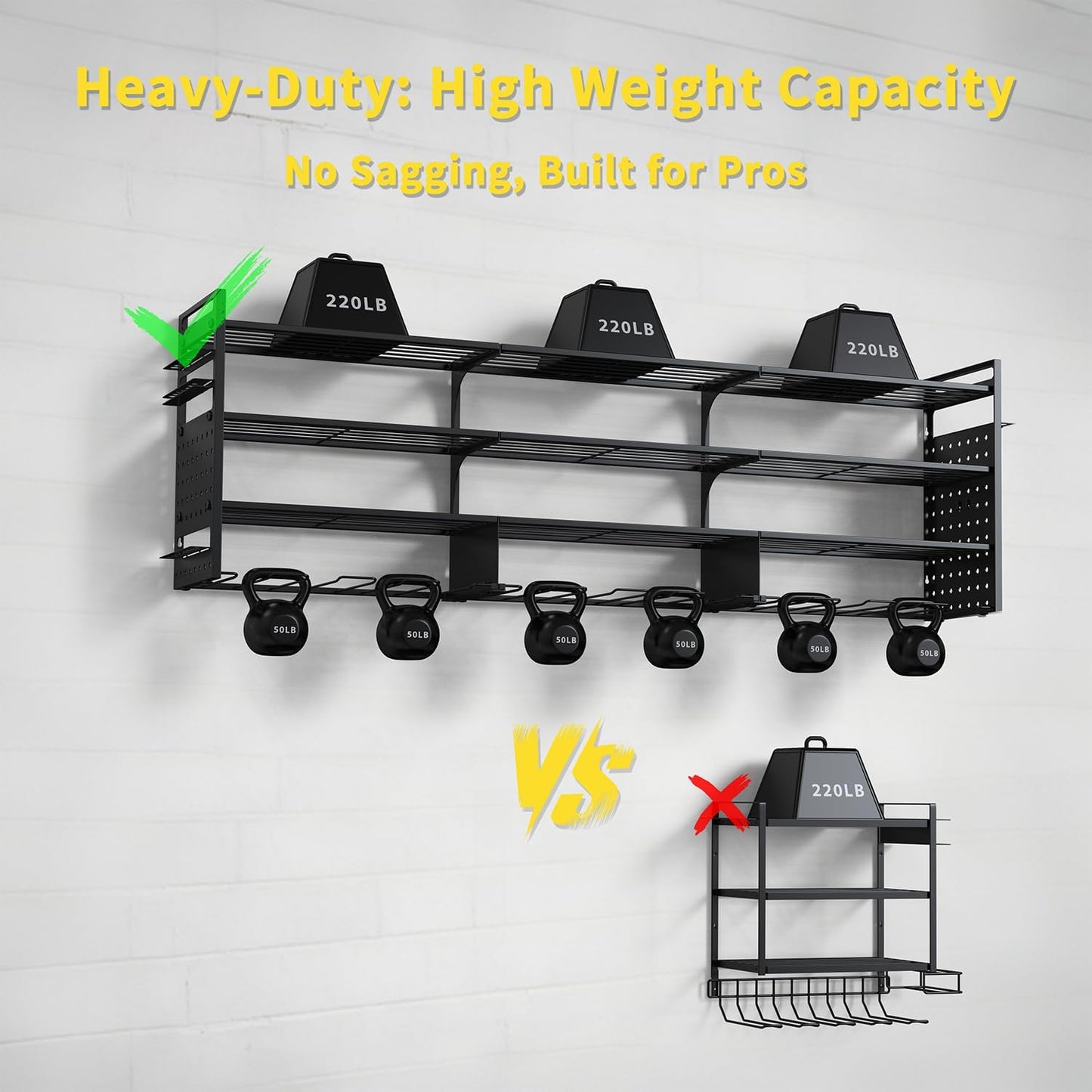 Power Tool Organizer Wall Mount, 49" Heavy Duty 4-Tier Garage Storage Shelf with 12 Drills Holder, Pegboard Side Panels,4 Long Hooks, Large Tool Battery Holder Metal Tool Shelf Rack