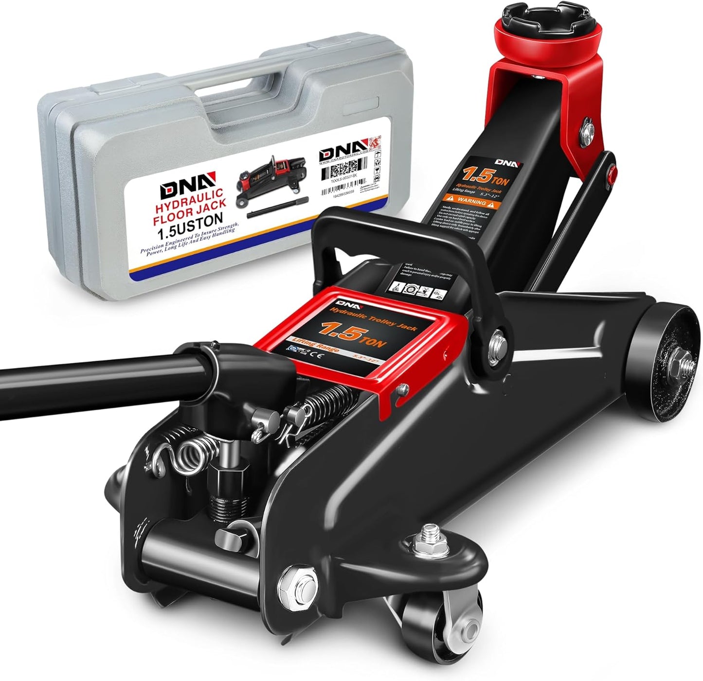 DNA MOTORING Low Profile Hydraulic Trolley Service/Floor Jack, 1.5 Ton (3000 lbs) Capacity, Lifting Range 5.3"-12", Black, TOOLS-00327-BK