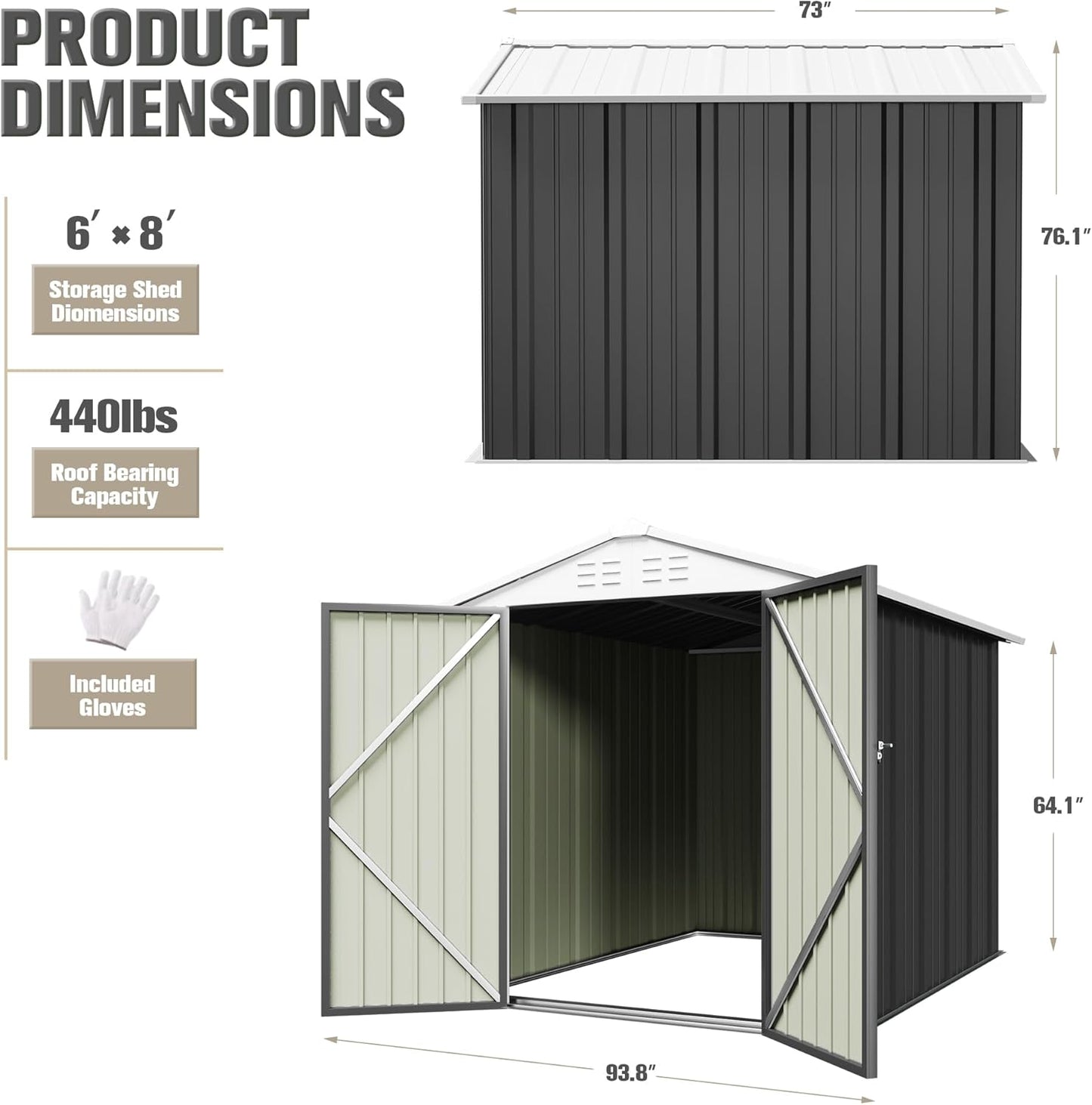 JUMMICO Metal Outdoor Storage Shed 6 x 8 FT Metal Shed with Lockable Door,Waterproof Garden Tool Shed Storage House for Backyard Patio Lawn,Grey