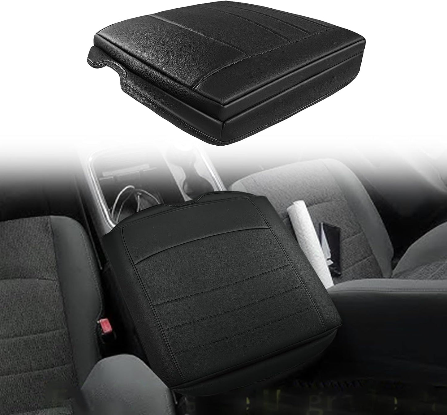 Muslogy Center Console Armrest Cover Compatible with Dodge Ram1500/2500/3500 2013-2018 Comfort Armrest Pad Arm Rest Cushion Vegan Leather Protector 1-Inch Extra Thick(Bucket Seat ONLY)