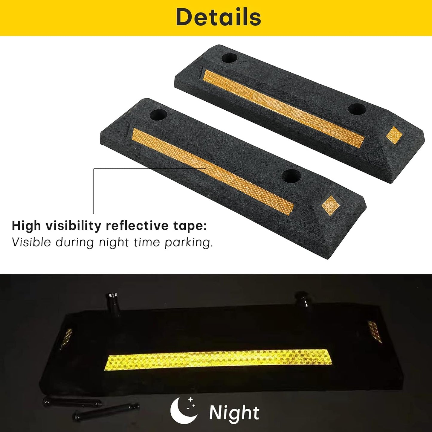 2 Pack Rubber Parking Guide Blocks | Heavy Duty Black Parking Blocks Parking Target Guide with Yellow Reflective Stripes, Wheel Stop Stoppers for Car, Truck, RV, Trailer, and Garage (2 Pack)