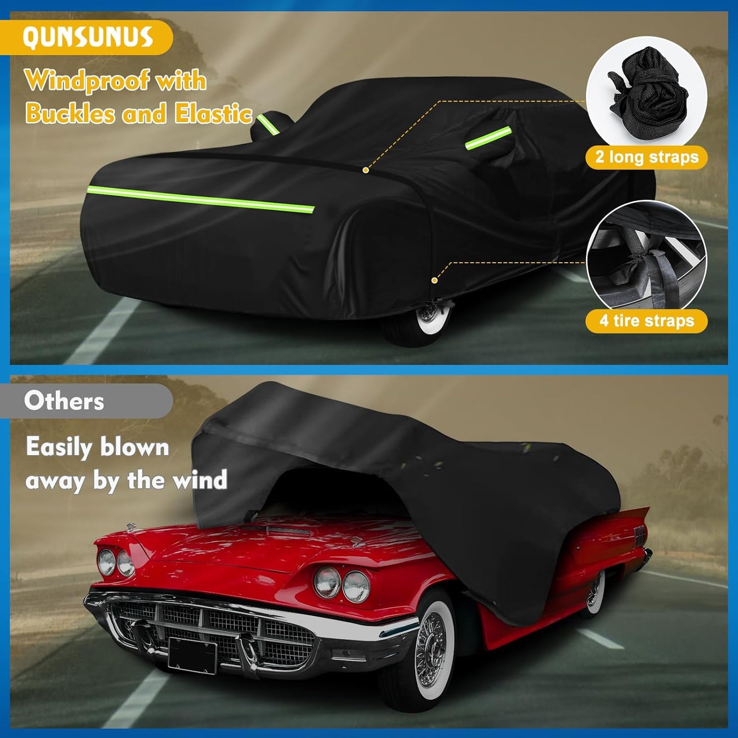 QUNSUNUS Car Cover for Ford Thunderbird 1958-1971/1977-1979 Waterproof All Weather 420D Windproof for Ford Thunderbird Car Cover Hail Protection with Zipper