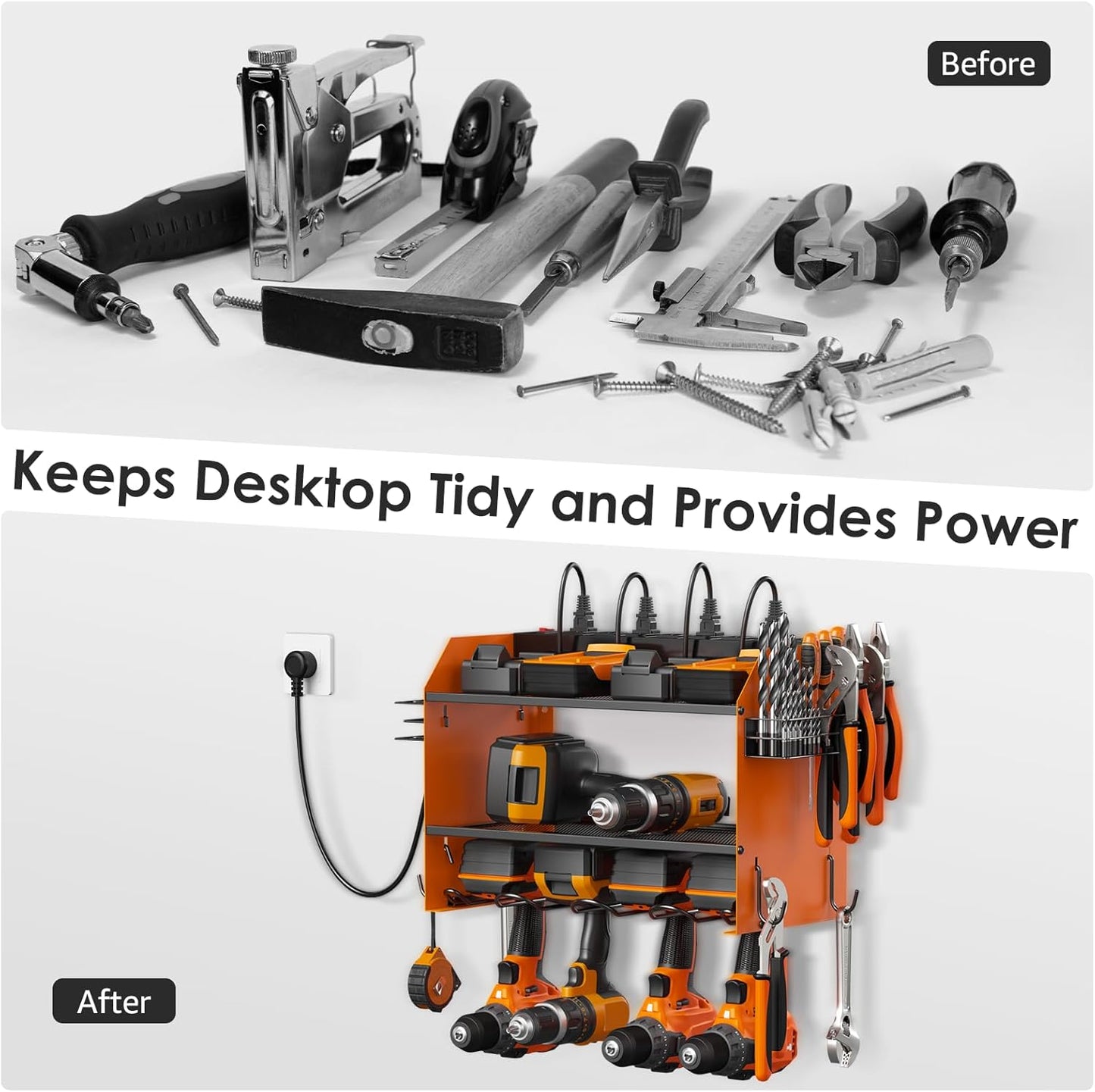 CCCEI Modular Power Tool Organizer Wall Mount with Charging Station. Garage 4 Drill Storage Shelf with Hooks, Drill Bit Heavy Duty Rack, Orange Tool Battery Holder Built in 8 Outlet Power Strip.