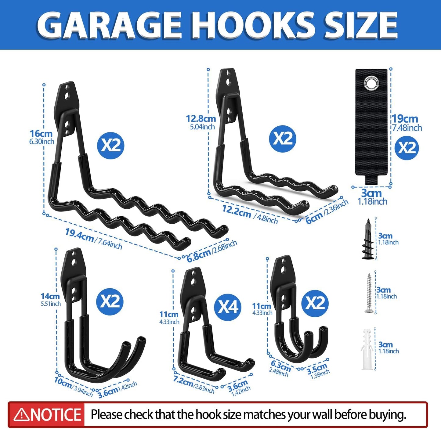 Garage Storage Hooks 14PC, Garage Wall Hooks with 1 Extra Round Strengthen Welding Spot for Hanging & Organizing Shovel, Rake, Chair, Hose(Black)