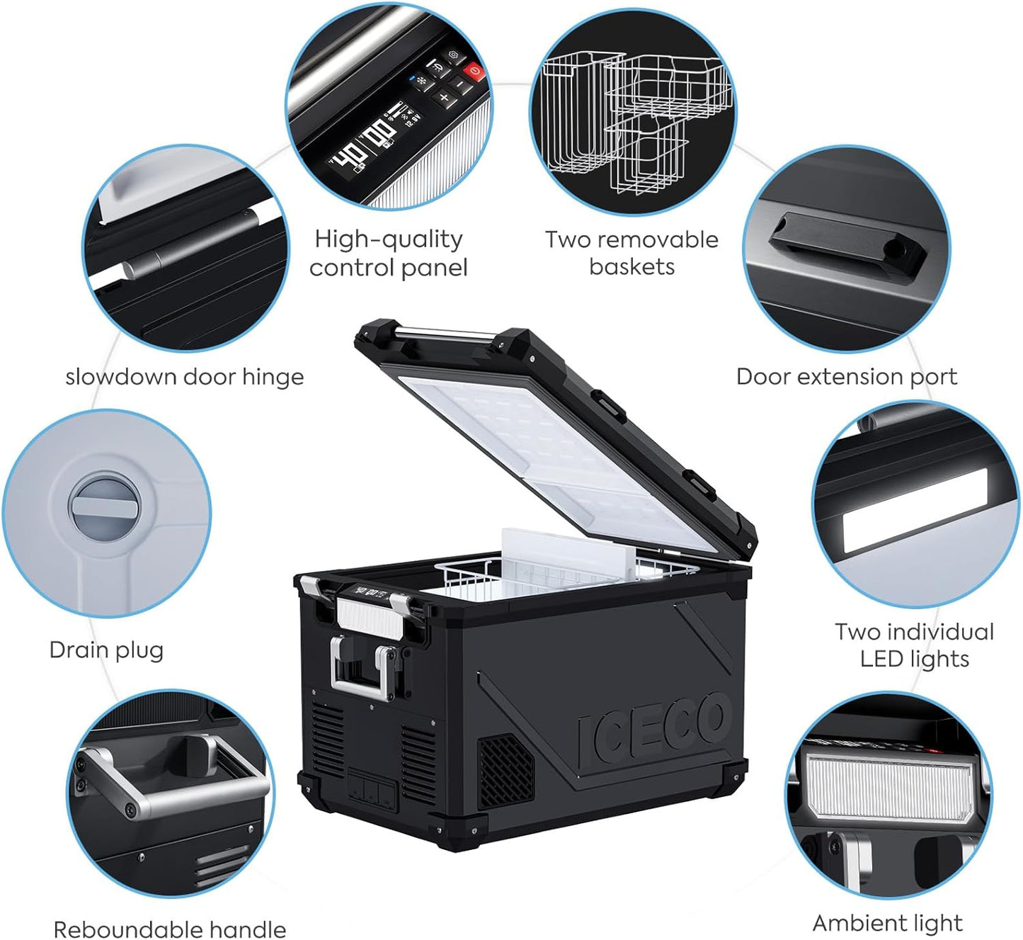 ICECO APL55 Dual Zone Portable Refrigerator Freezer Bluetooth Controlled, 55 Liter 12v refrigerator with SECOP Compressor, DC 12/24V, AC 110-240V, for Truck, Car and Home, -4℉~68℉ (Black)