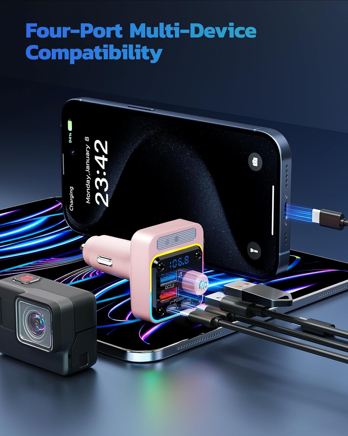 Nulaxy 54W Bluetooth 5.3 Car Adapter with 4 Charging Ports [PD 36W & QC3.0 18W], Wireless Radio FM Transmitter with Deep Bass Player & 5 Colors LED Backlit, Hands-Free Calling - Pink