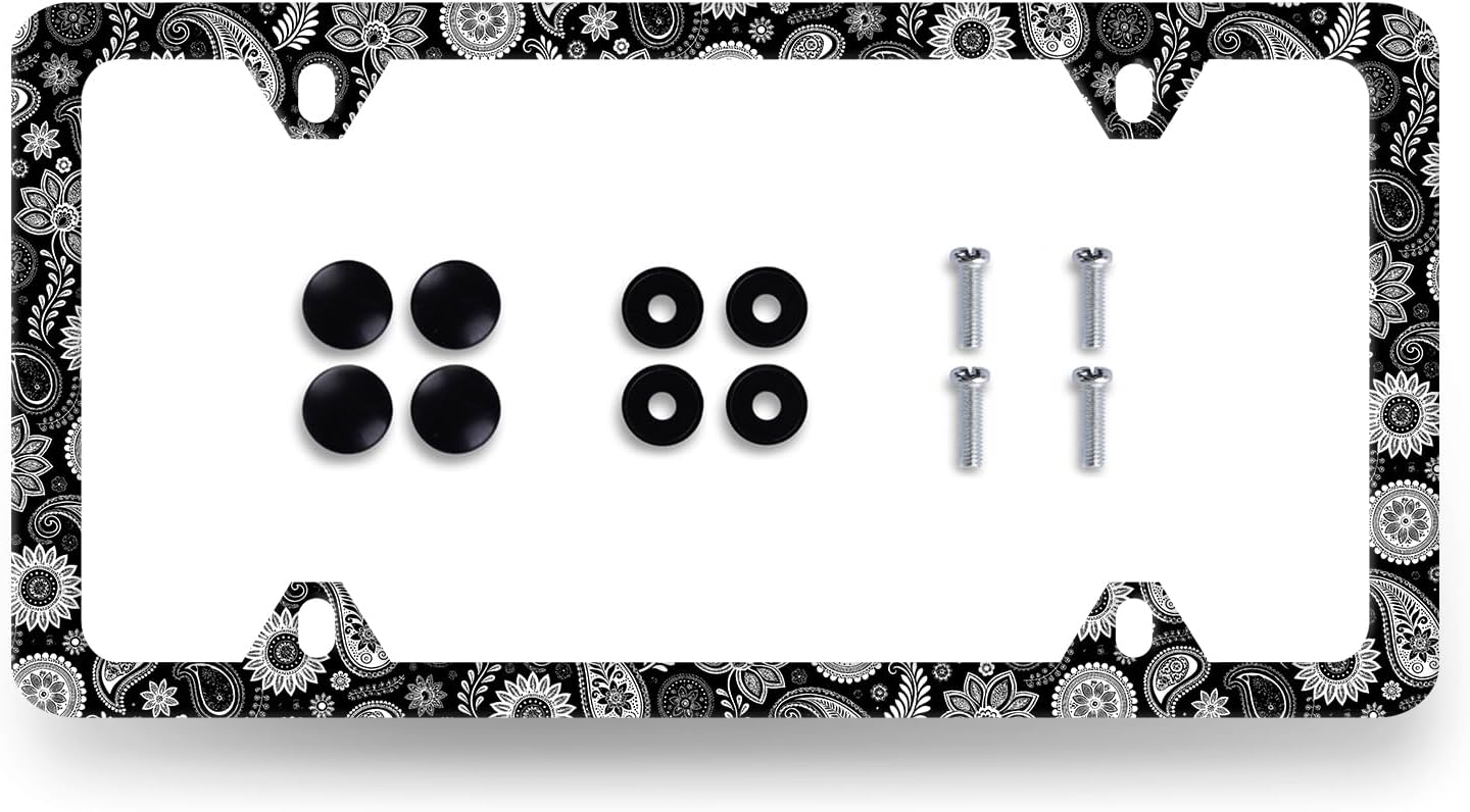 Black and White Paisley License Plate Frame Boho License Plate Holder Stainless Steel Funny Design with 4 Holes and Screws 12.3" x 6.3"